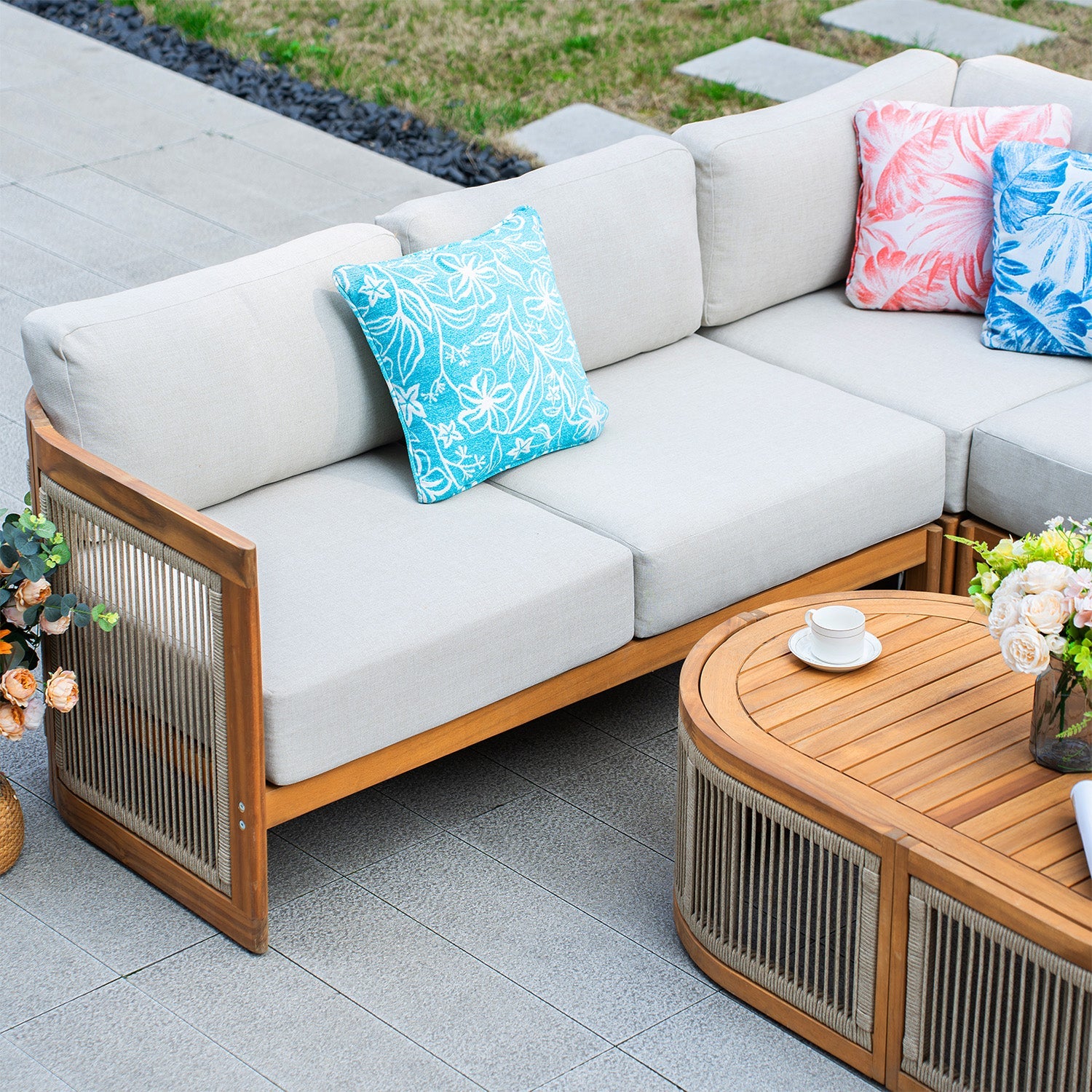 L - Shape 4 - Seat Solid Wood Modular Sofa Set with Oval Coffee Table (PAS - 2516 - LS+CS+RS+OTA) - Direct Wicker