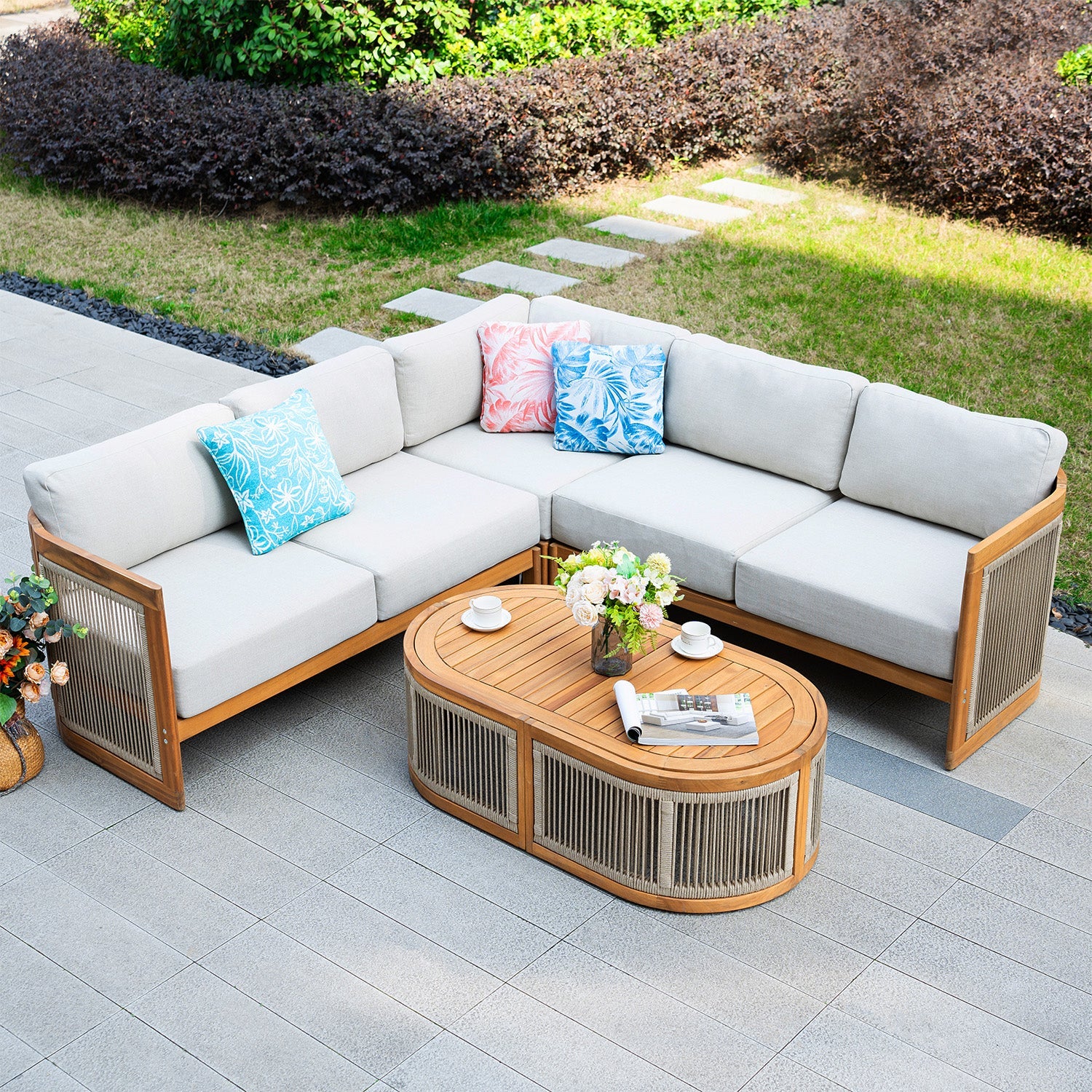 L - Shape 4 - Seat Solid Wood Modular Sofa Set with Oval Coffee Table (PAS - 2516 - LS+CS+RS+OTA) - Direct Wicker