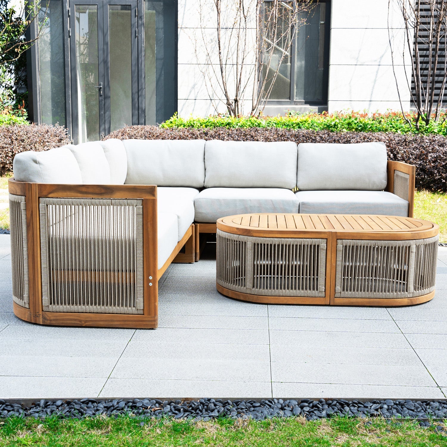 L - Shape 4 - Seat Solid Wood Modular Sofa Set with Oval Coffee Table (PAS - 2516 - LS+CS+RS+OTA) - Direct Wicker