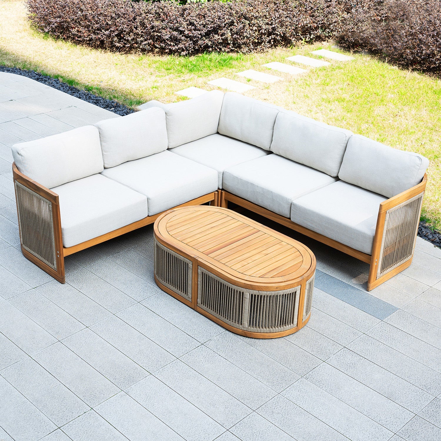 L - Shape 4 - Seat Solid Wood Modular Sofa Set with Oval Coffee Table (PAS - 2516 - LS+CS+RS+OTA) - Direct Wicker