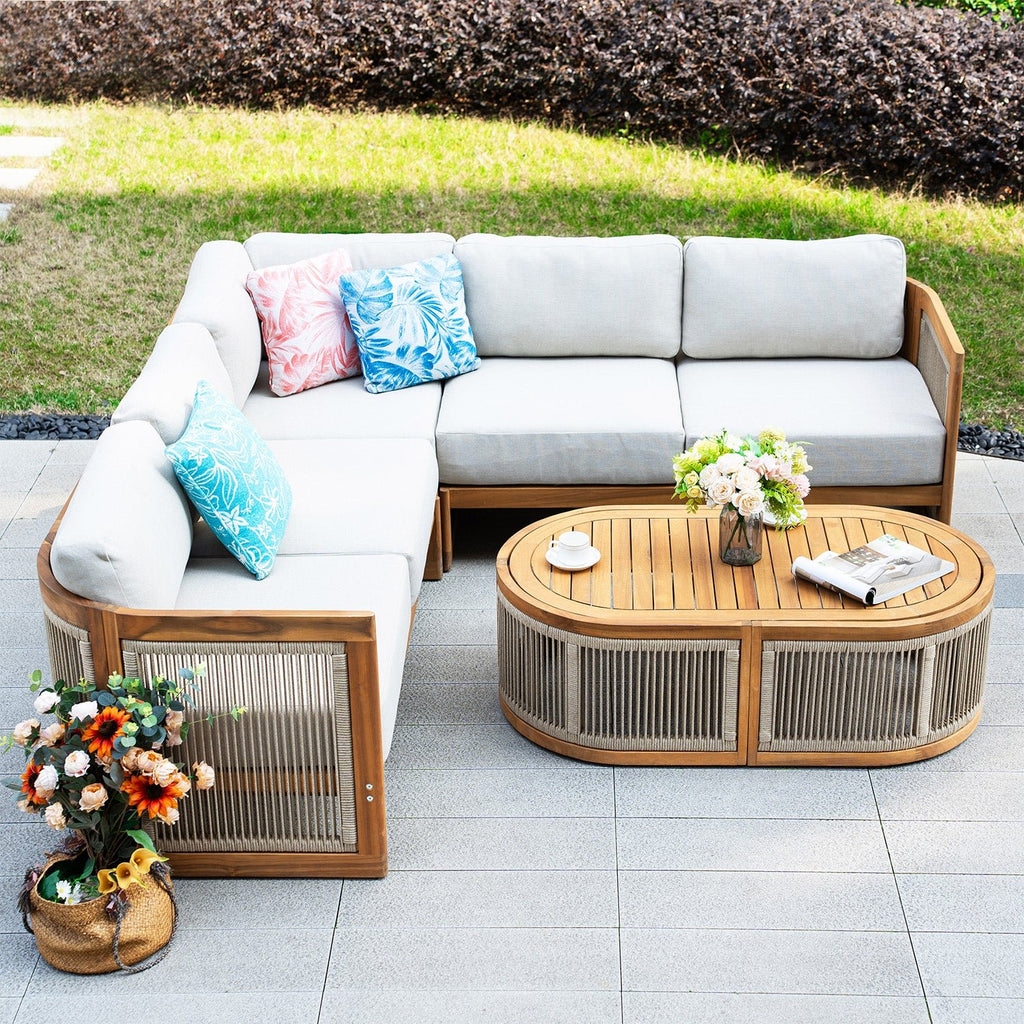 L - Shape 4 - Seat Solid Wood Modular Sofa Set with Oval Coffee Table (PAS - 2516 - LS+CS+RS+OTA) - Direct Wicker