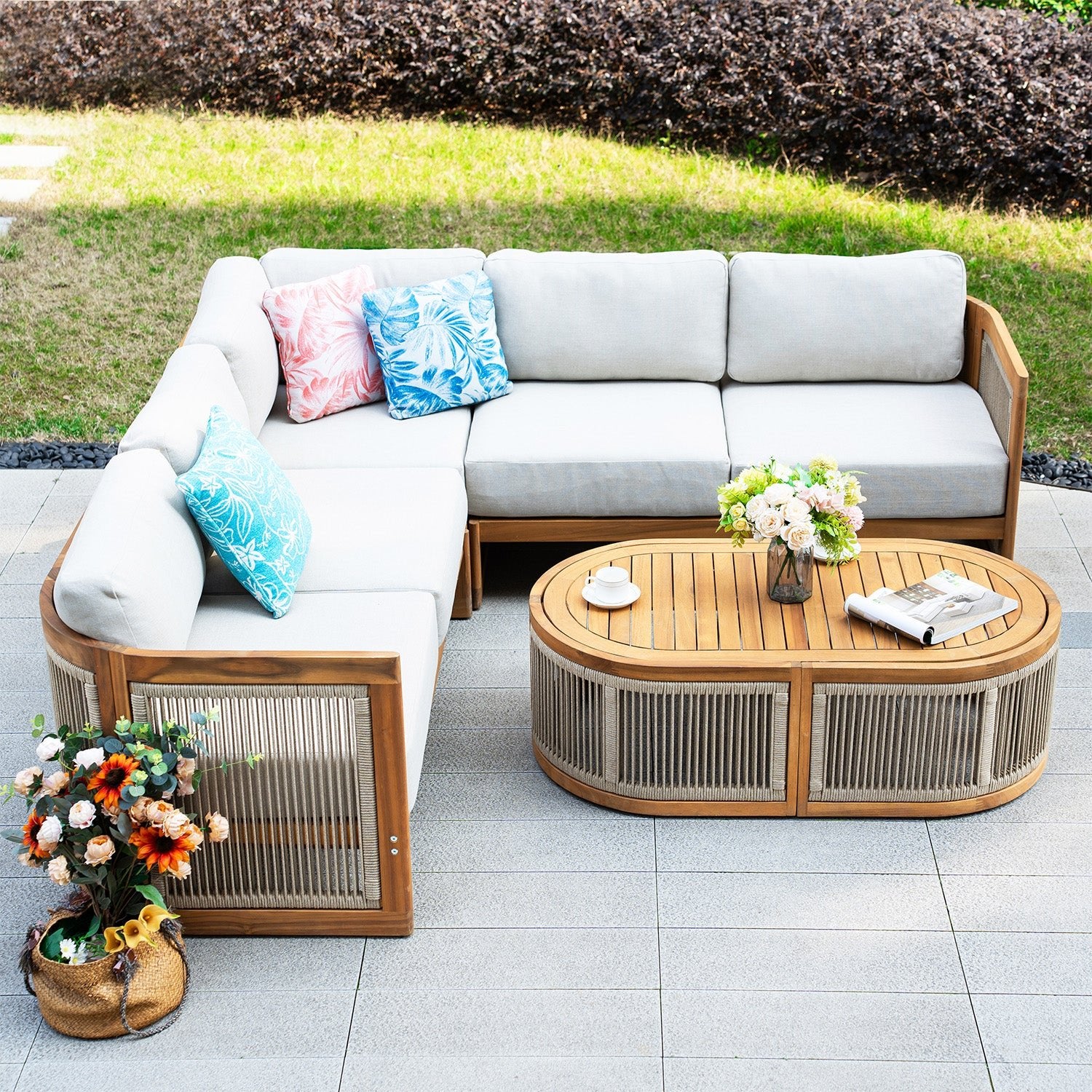 L - Shape 4 - Seat Solid Wood Modular Sofa Set with Oval Coffee Table (PAS - 2516 - LS+CS+RS+OTA) - Direct Wicker