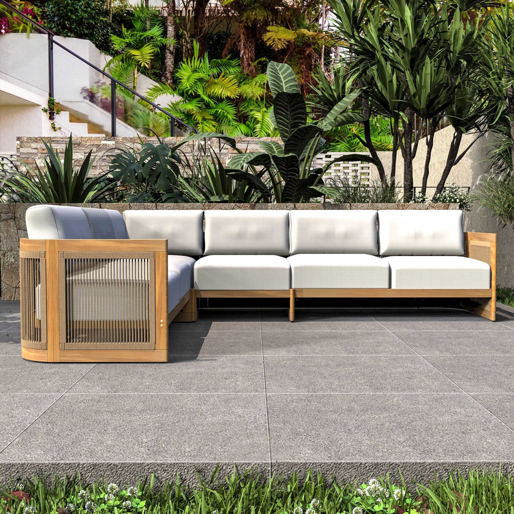 L-Shape 5-Seat Solid Wood Modular Sofa Set with Cushions - Lounge Configuration (PAS-2516-LS+CS+MS+RS) - Direct Wicker