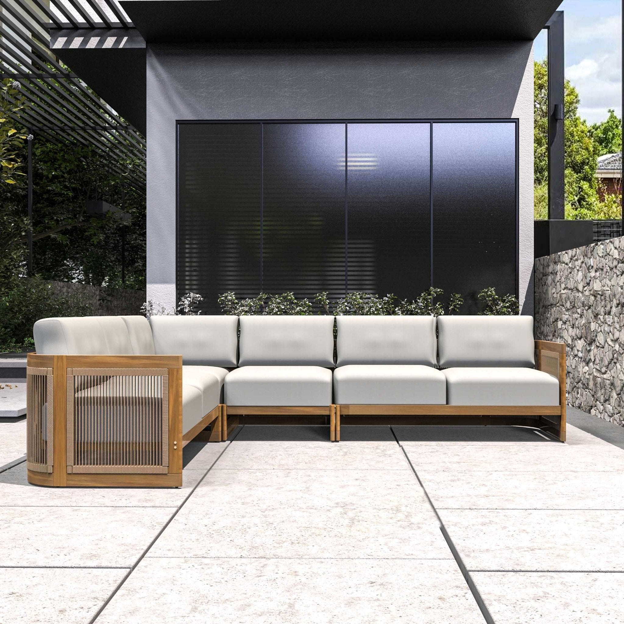 L-Shape 5-Seat Solid Wood Modular Sofa Set with Cushions - Lounge Configuration (PAS-2516-LS+CS+MS+RS) - Direct Wicker