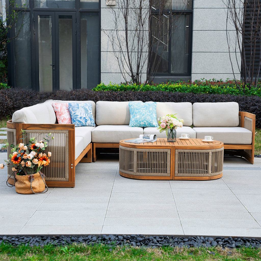 L - Shape 5 - Seat Solid Wood Modular Sofa Set with Cushions (PAS - 2516 - LS+CS+MS+RS+OTA) - Direct Wicker