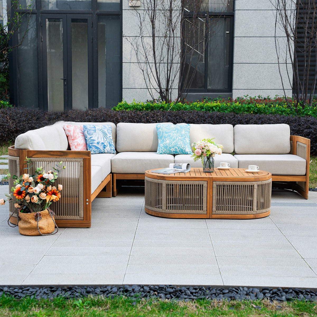 L - Shape 5 - Seat Solid Wood Modular Sofa Set with Cushions (PAS - 2516 - LS+CS+MS+RS+OTA) - Direct Wicker