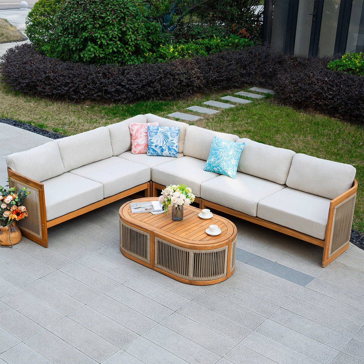 L - Shape 5 - Seat Solid Wood Modular Sofa Set with Cushions (PAS - 2516 - LS+CS+MS+RS+OTA) - Direct Wicker