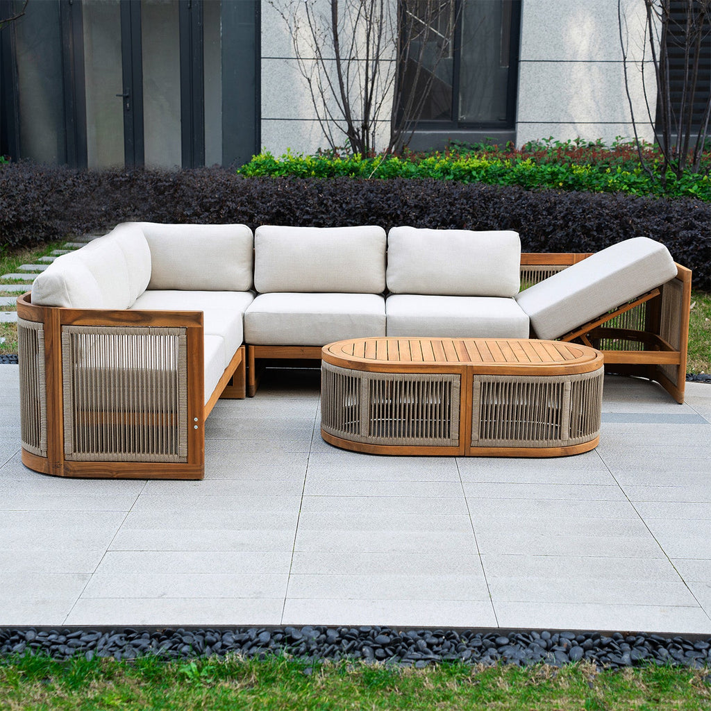 L - Shape 5 - Seat Solid Wood Modular Sofa Set with Cushions (PAS - 2516 - LS+CS+MS+RS+OTA) - Direct Wicker