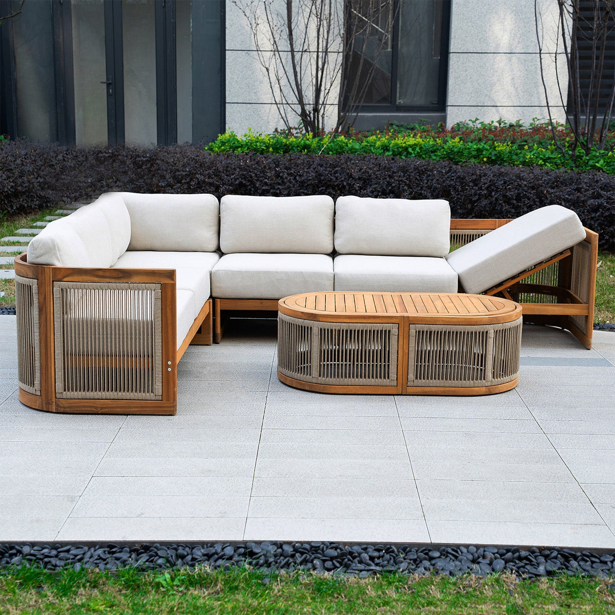 L - Shape 5 - Seat Solid Wood Modular Sofa Set with Cushions (PAS - 2516 - LS+CS+MS+RS+OTA) - Direct Wicker