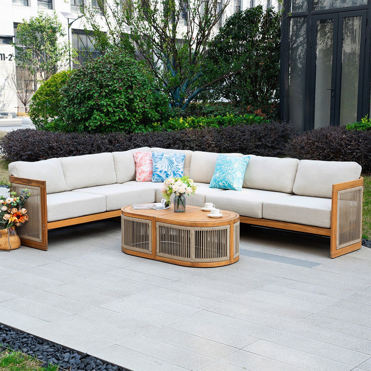 L - Shape 5 - Seat Solid Wood Modular Sofa Set with Cushions (PAS - 2516 - LS+CS+MS+RS+OTA) - Direct Wicker