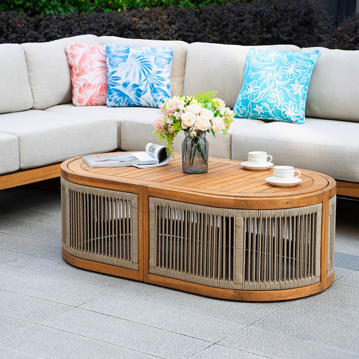 L - Shape 5 - Seat Solid Wood Modular Sofa Set with Cushions (PAS - 2516 - LS+CS+MS+RS+OTA) - Direct Wicker