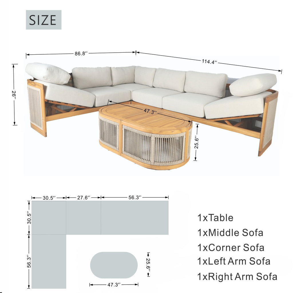 L - Shape 5 - Seat Solid Wood Modular Sofa Set with Cushions (PAS - 2516 - LS+CS+MS+RS+OTA) - Direct Wicker
