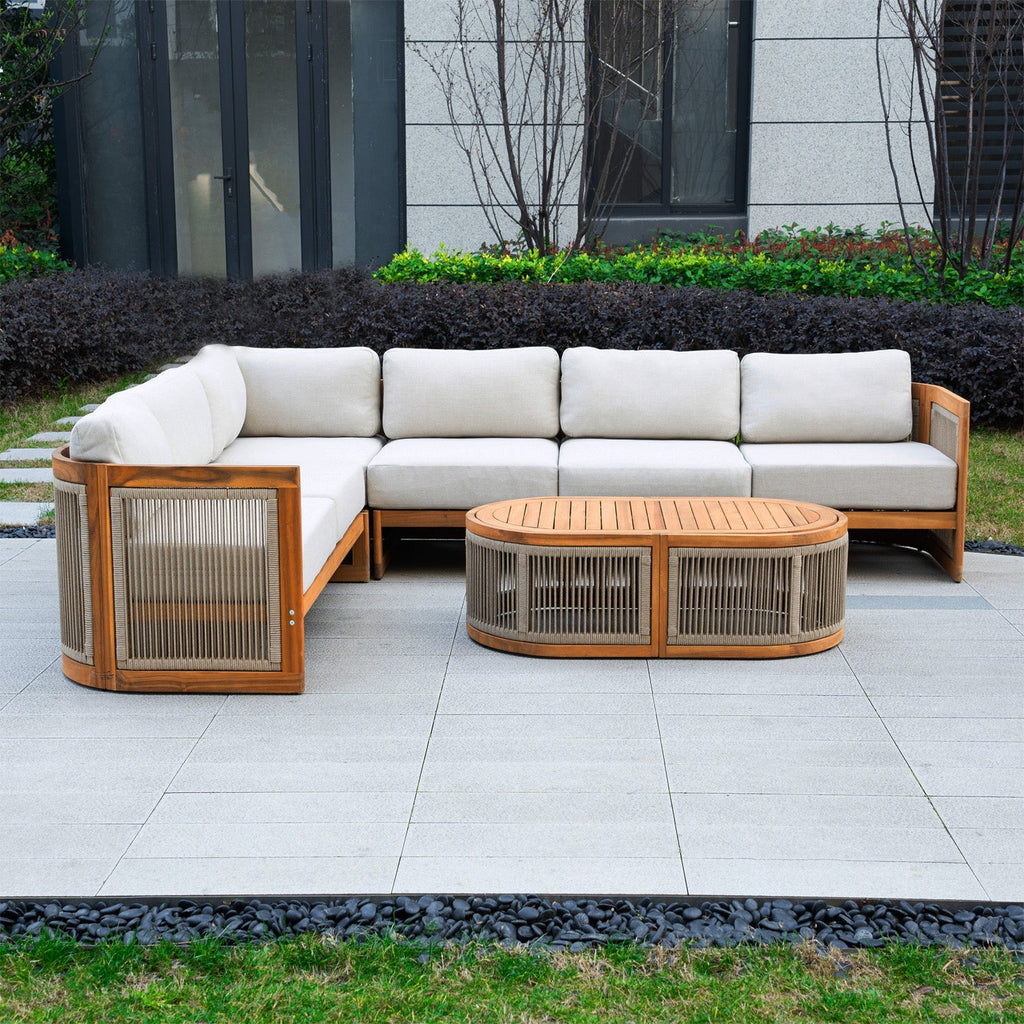 L - Shape 5 - Seat Solid Wood Modular Sofa Set with Cushions (PAS - 2516 - LS+CS+MS+RS+OTA) - Direct Wicker