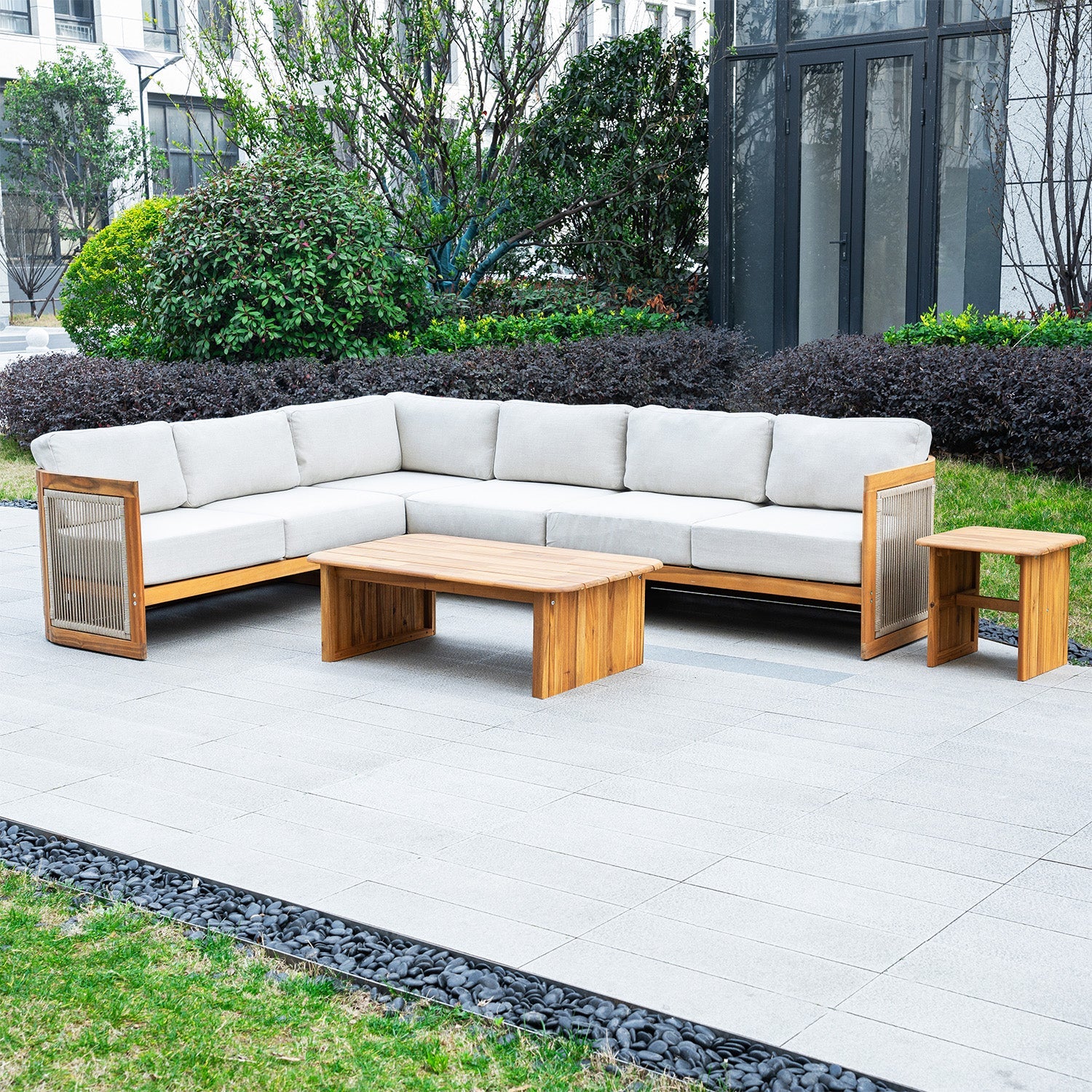 L - Shape 5 - Seat Solid Wood Sectional Sofa Set (PAS - 2516 - LS+MS+CS+RS+PAS - 2515 - ST+TA) - Direct Wicker