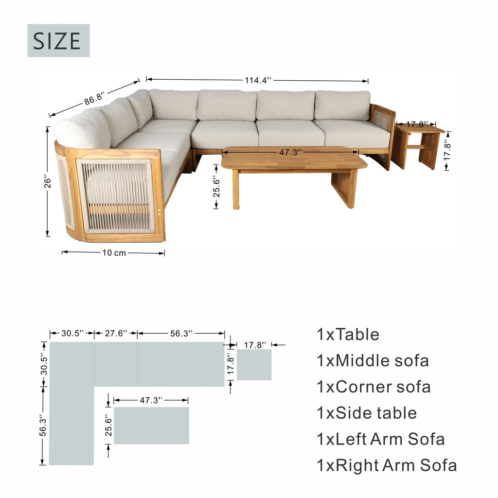 L - Shape 5 - Seat Solid Wood Sectional Sofa Set (PAS - 2516 - LS+MS+CS+RS+PAS - 2515 - ST+TA) - Direct Wicker