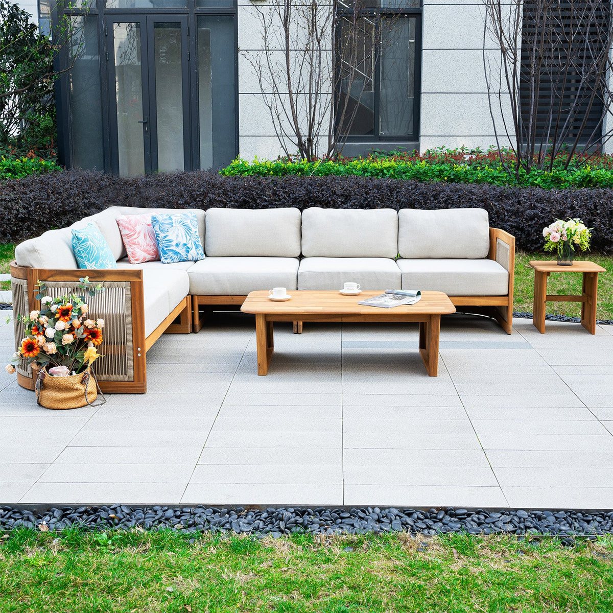 L - Shape 5 - Seat Solid Wood Sectional Sofa Set (PAS - 2516 - LS+MS+CS+RS+PAS - 2515 - ST+TA) - Direct Wicker