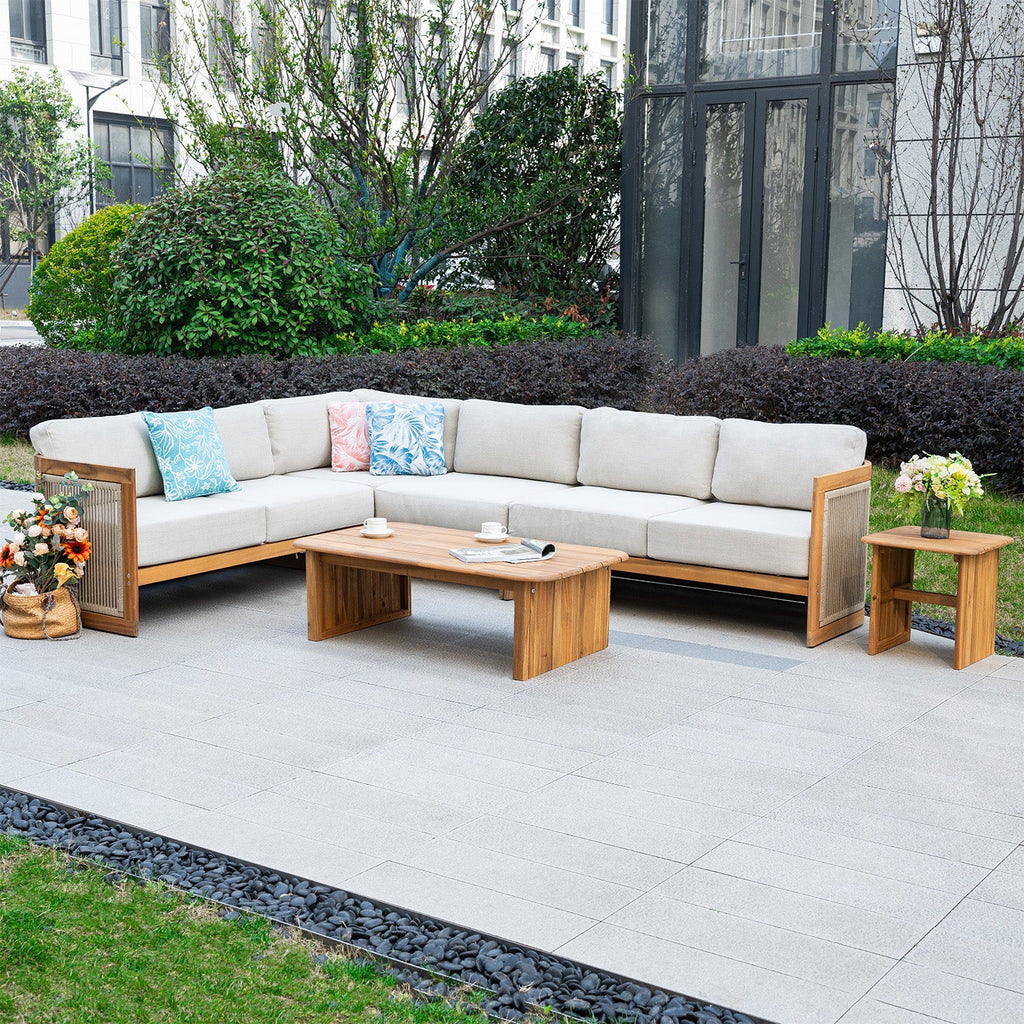 L - Shape 5 - Seat Solid Wood Sectional Sofa Set (PAS - 2516 - LS+MS+CS+RS+PAS - 2515 - ST+TA) - Direct Wicker