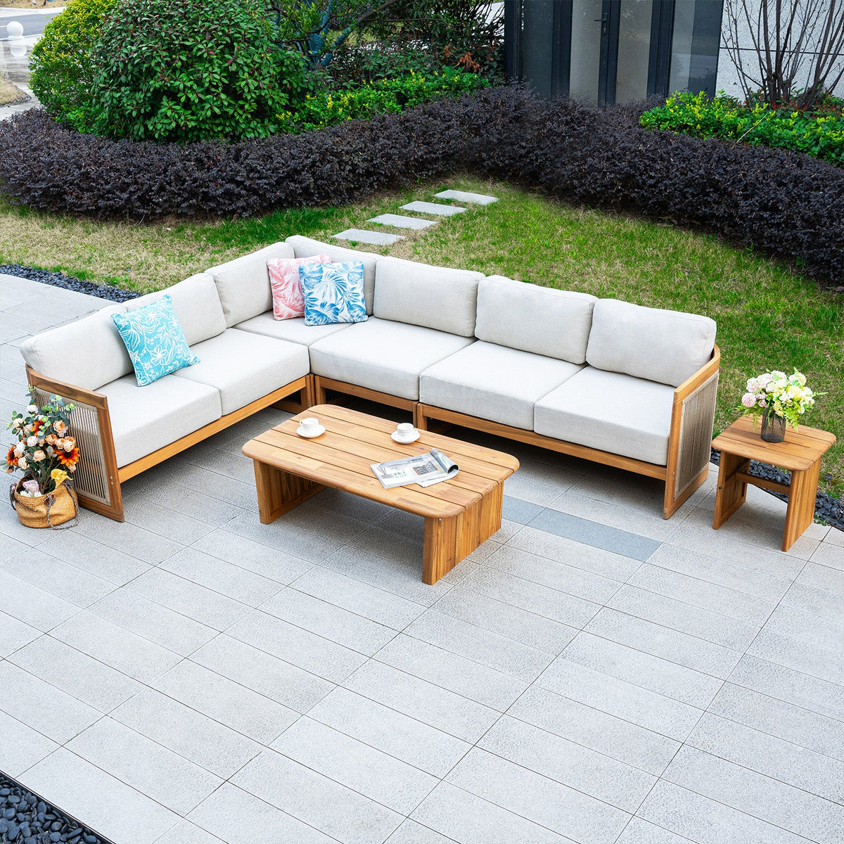 L - Shape 5 - Seat Solid Wood Sectional Sofa Set (PAS - 2516 - LS+MS+CS+RS+PAS - 2515 - ST+TA) - Direct Wicker