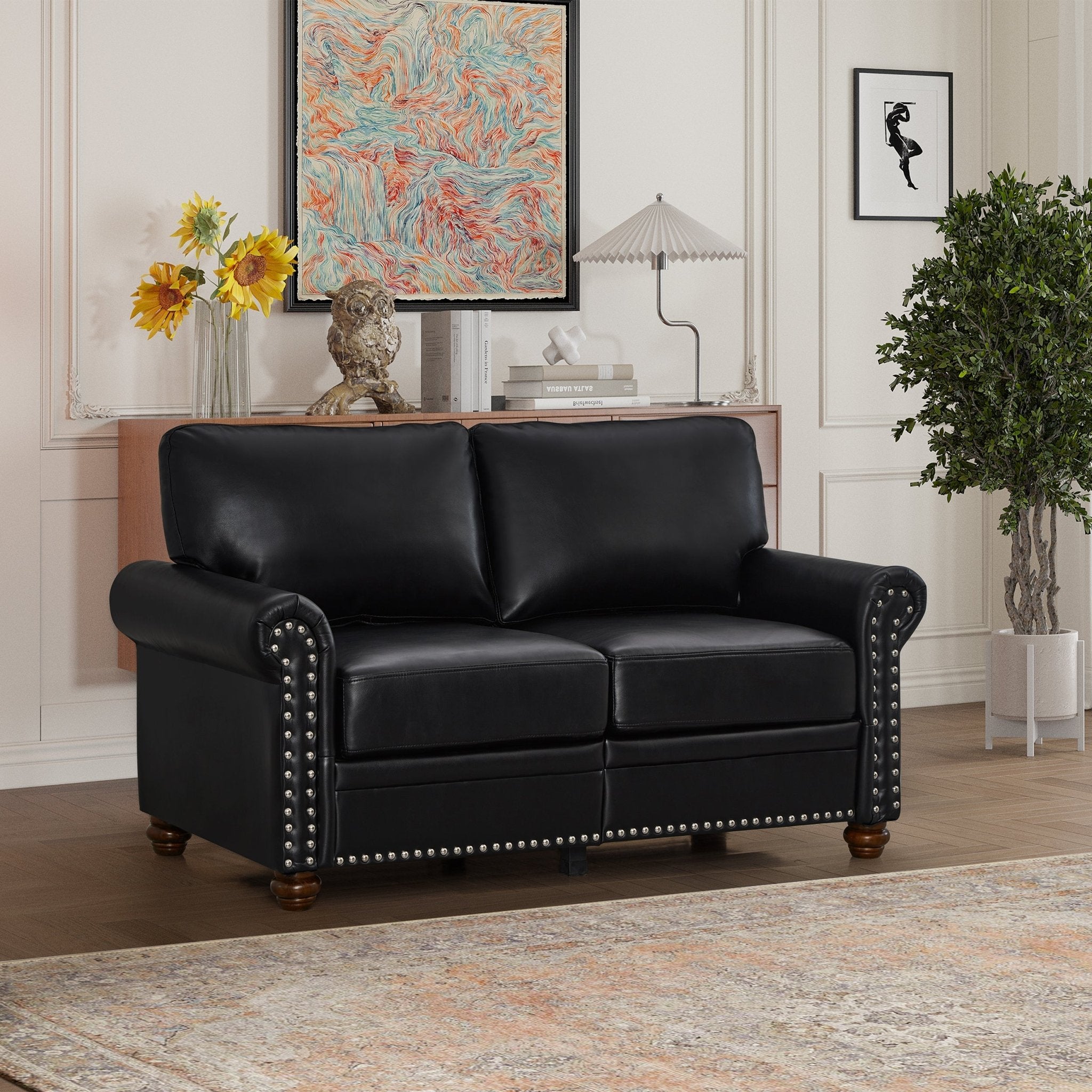 Living Room Sofa Loveseat Black Faux Leather (W1097S00084) - Direct Wicker