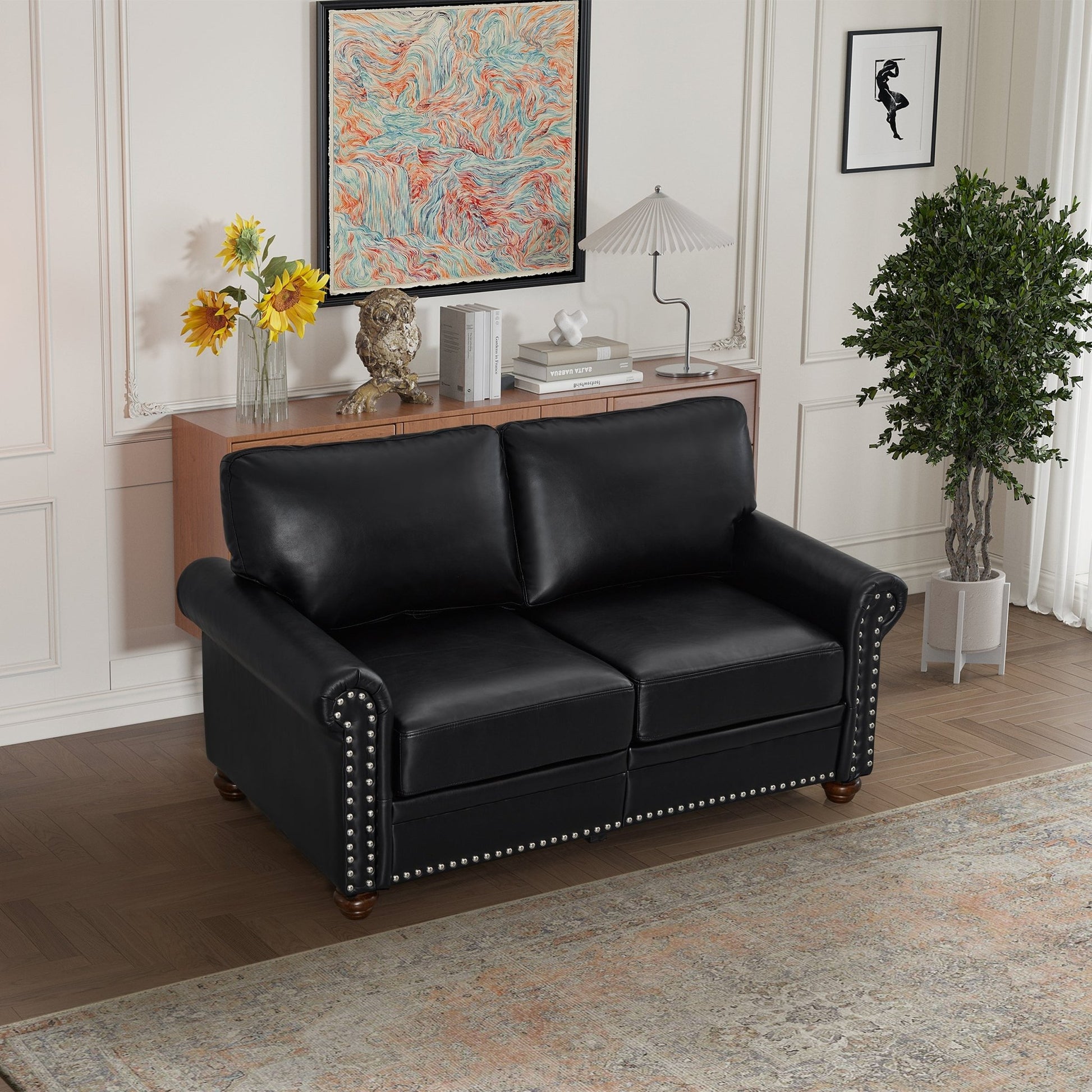 Living Room Sofa Loveseat Black Faux Leather (W1097S00084) - Direct Wicker