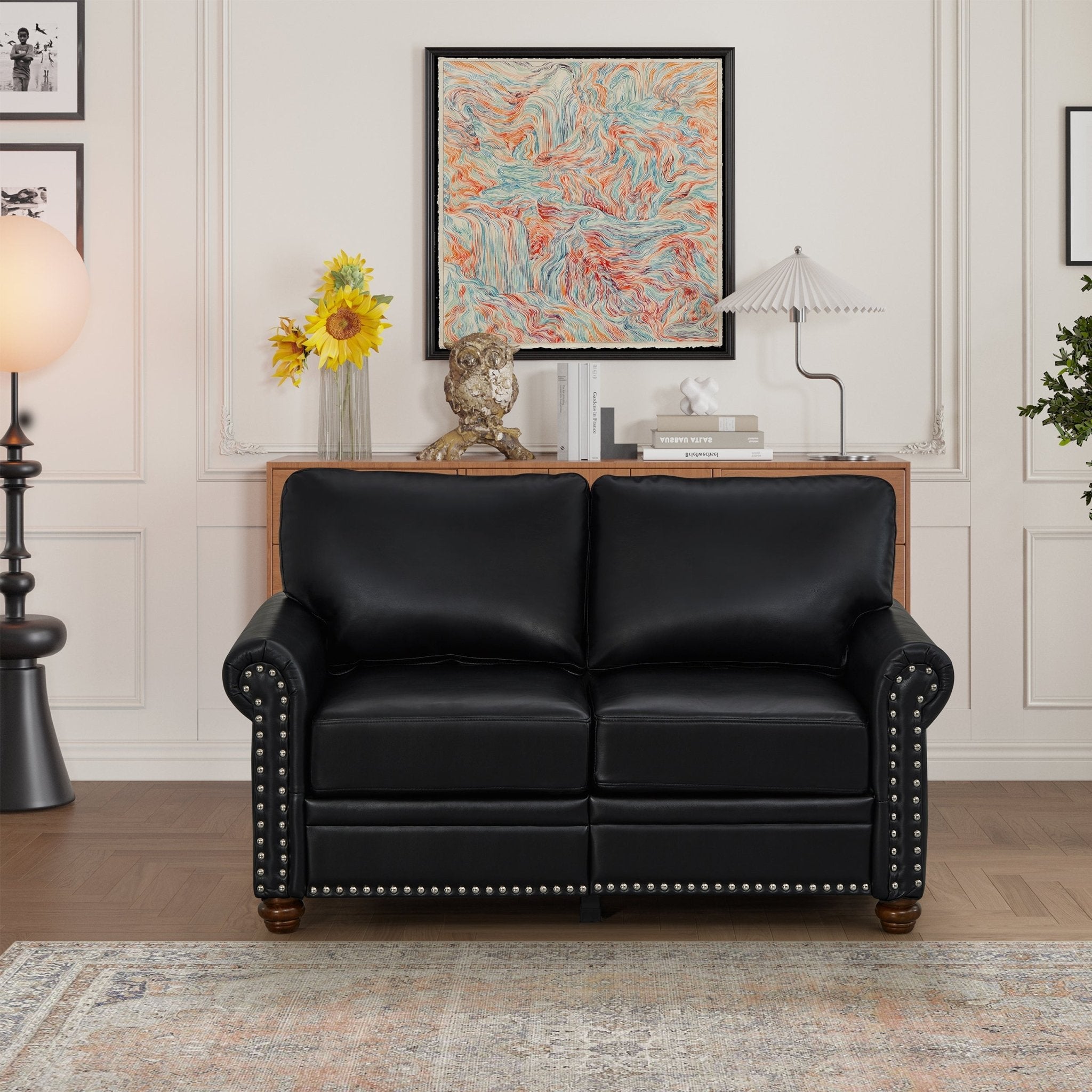 Living Room Sofa Loveseat Black Faux Leather (W1097S00084) - Direct Wicker