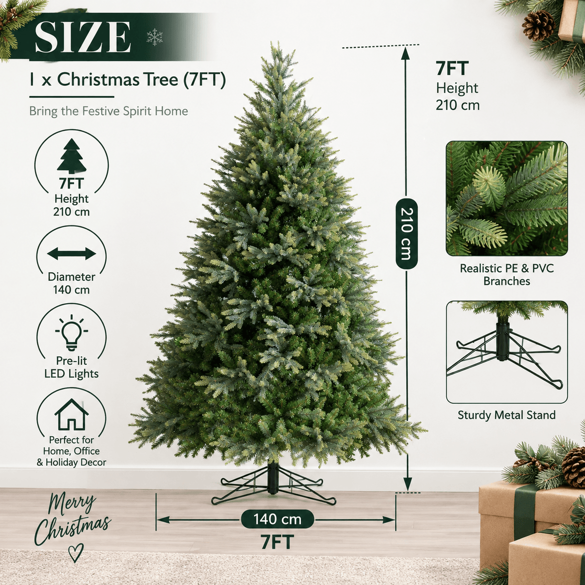 Lush Full Green Artificial Christmas Tree - Realistic Xmas Tree for Festive Home Decoration, 7ft/8ft/9ft - Direct Wicker