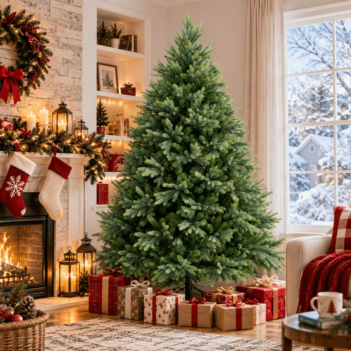 Lush Full Green Artificial Christmas Tree - Realistic Xmas Tree for Festive Home Decoration, 7ft/8ft/9ft - Direct Wicker