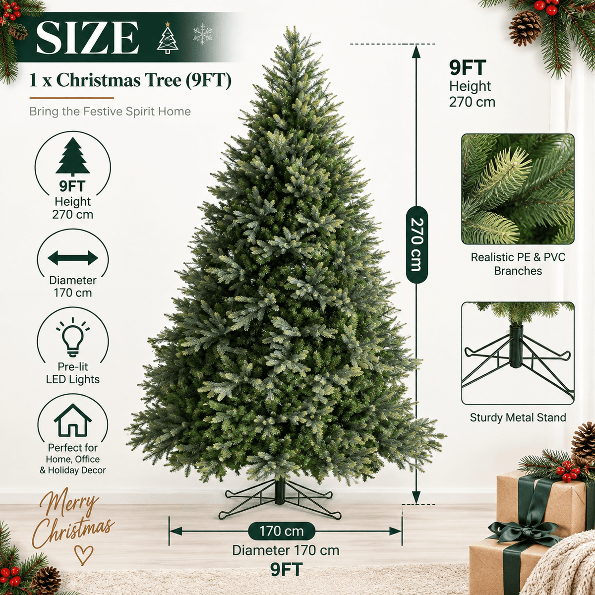 Lush Full Green Artificial Christmas Tree - Realistic Xmas Tree for Festive Home Decoration, 7ft/8ft/9ft - Direct Wicker