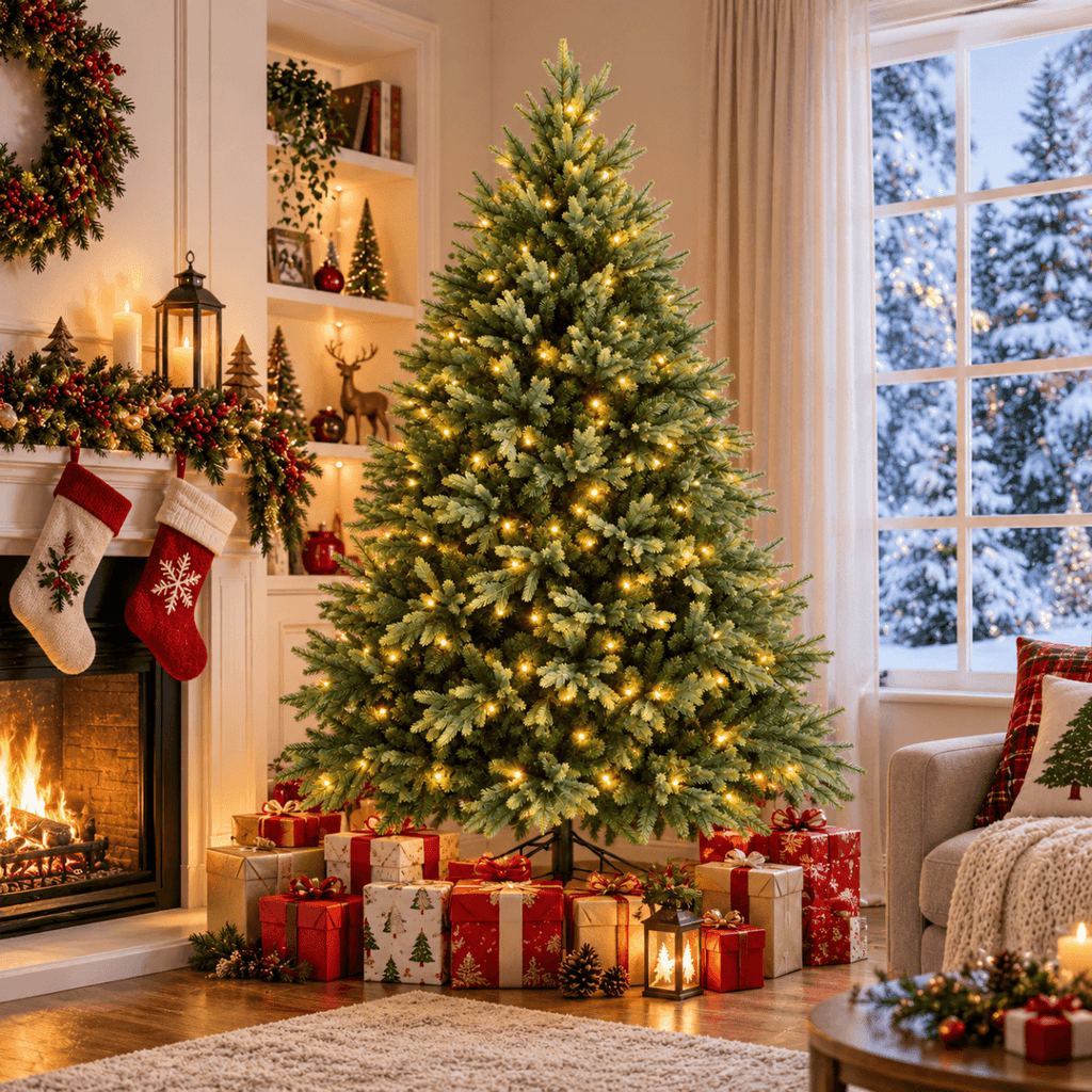 Lush Full Green Artificial Christmas Tree - Realistic Xmas Tree with Pre-Lit LED Lights for Festive Home Decoration, 6ft/7ft/8ft - Direct Wicker