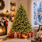 Lush Full Green Artificial Christmas Tree - Realistic Xmas Tree with Pre-Lit LED Lights for Festive Home Decoration, 6ft/7ft/8ft - Direct Wicker