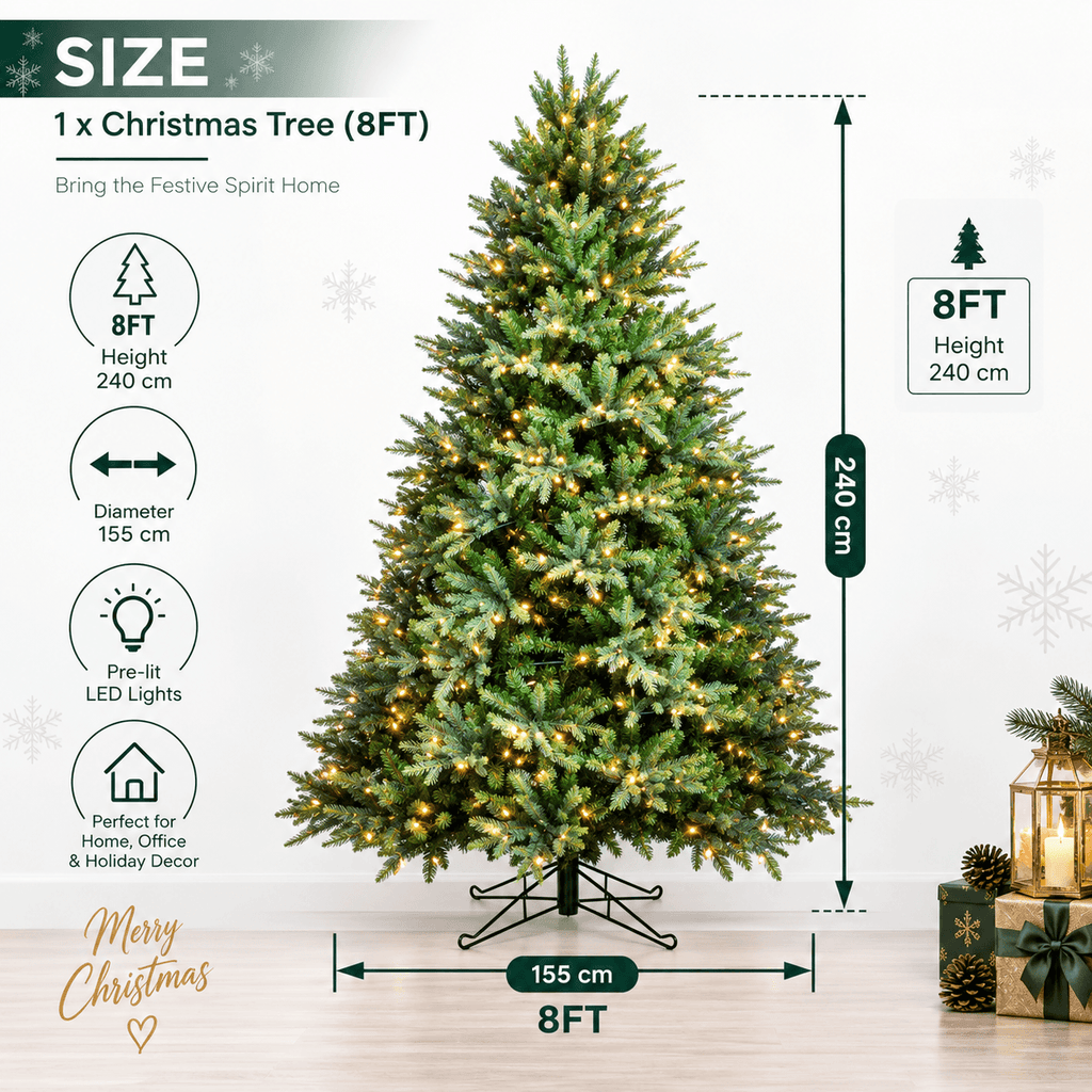 Lush Full Green Artificial Christmas Tree - Realistic Xmas Tree with Pre-Lit LED Lights for Festive Home Decoration, 6ft/7ft/8ft - Direct Wicker