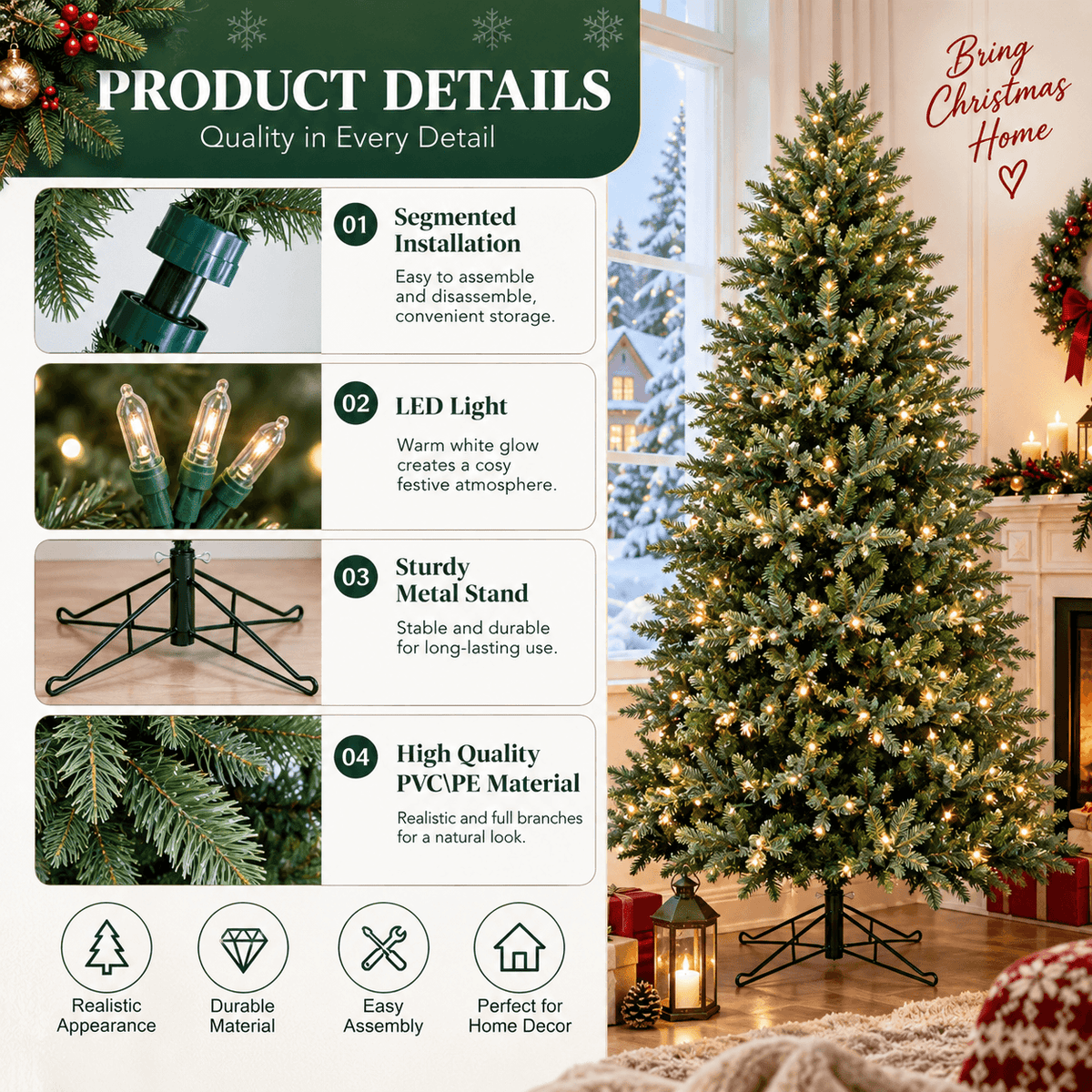 Lush Full Green Artificial Christmas Tree - Realistic Xmas Tree with Pre-Lit LED Lights for Festive Home Decoration, 6ft/7ft/8ft - Direct Wicker