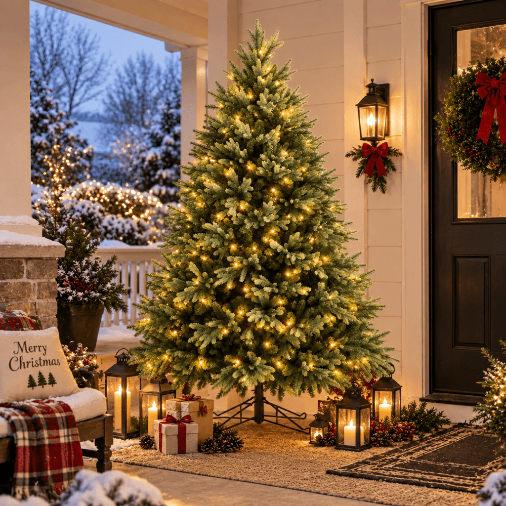 Lush Full Green Artificial Christmas Tree - Realistic Xmas Tree with Pre-Lit LED Lights for Festive Home Decoration, 6ft/7ft/8ft - Direct Wicker