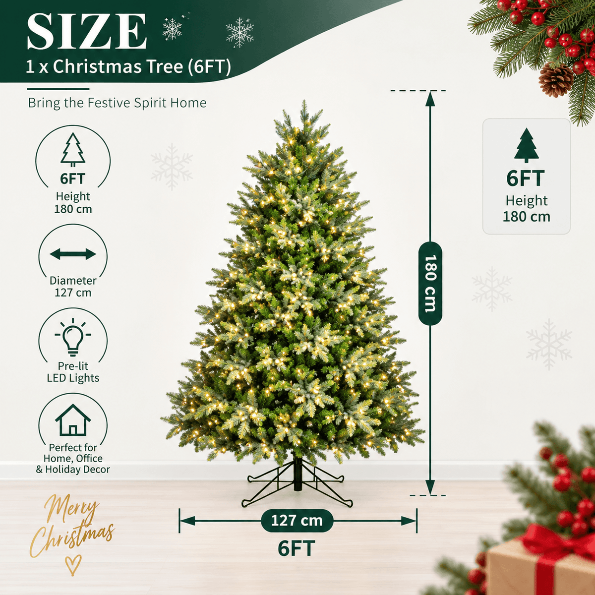 Lush Full Green Artificial Christmas Tree - Realistic Xmas Tree with Pre-Lit LED Lights for Festive Home Decoration, 6ft/7ft/8ft - Direct Wicker