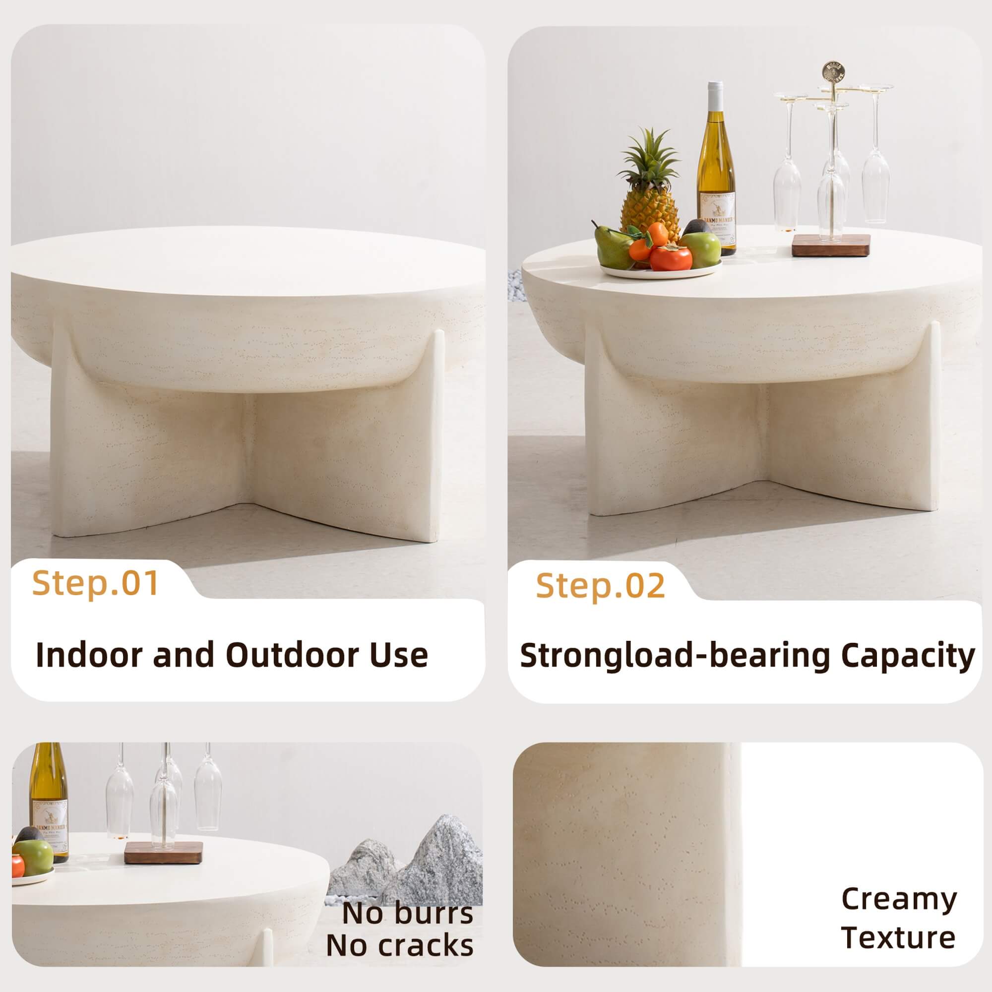 Magnesium Oxide Round Coffee Table – Cream Color with Knob & Rain Cover (PAT - 240152TA - BE) - Direct Wicker