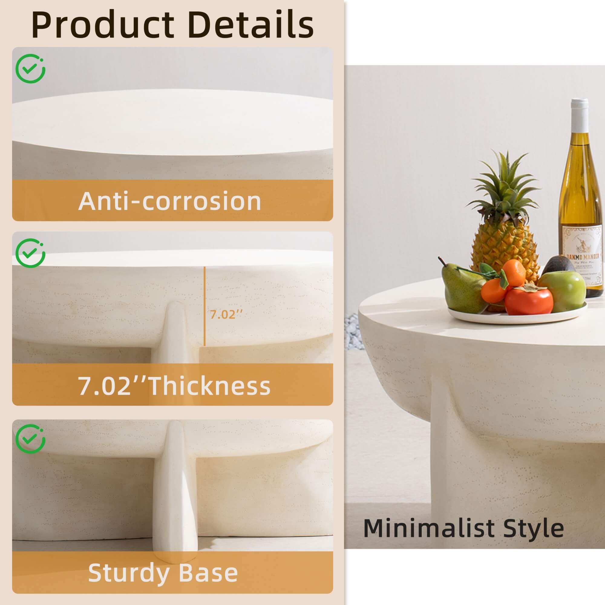 Magnesium Oxide Round Coffee Table – Cream Color with Knob & Rain Cover (PAT - 240152TA - BE) - Direct Wicker