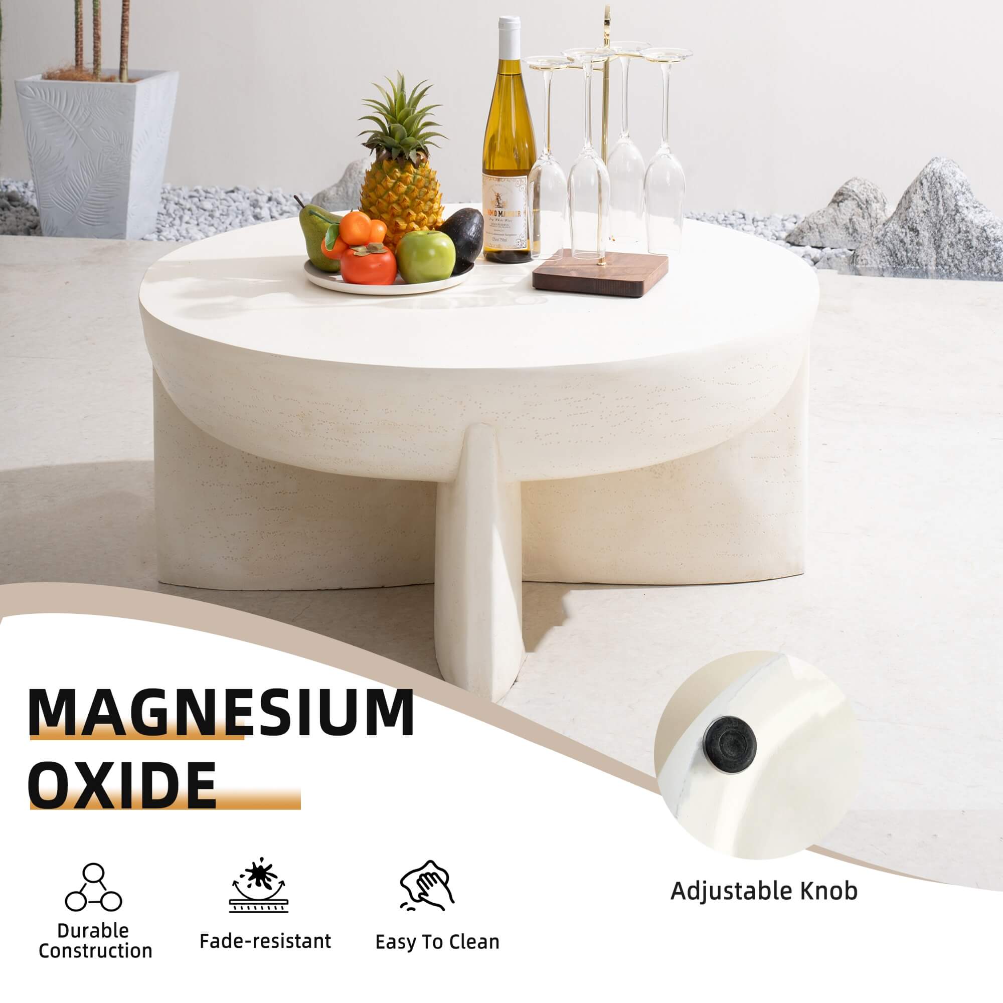 Magnesium Oxide Round Coffee Table – Cream Color with Knob & Rain Cover (PAT - 240152TA - BE) - Direct Wicker