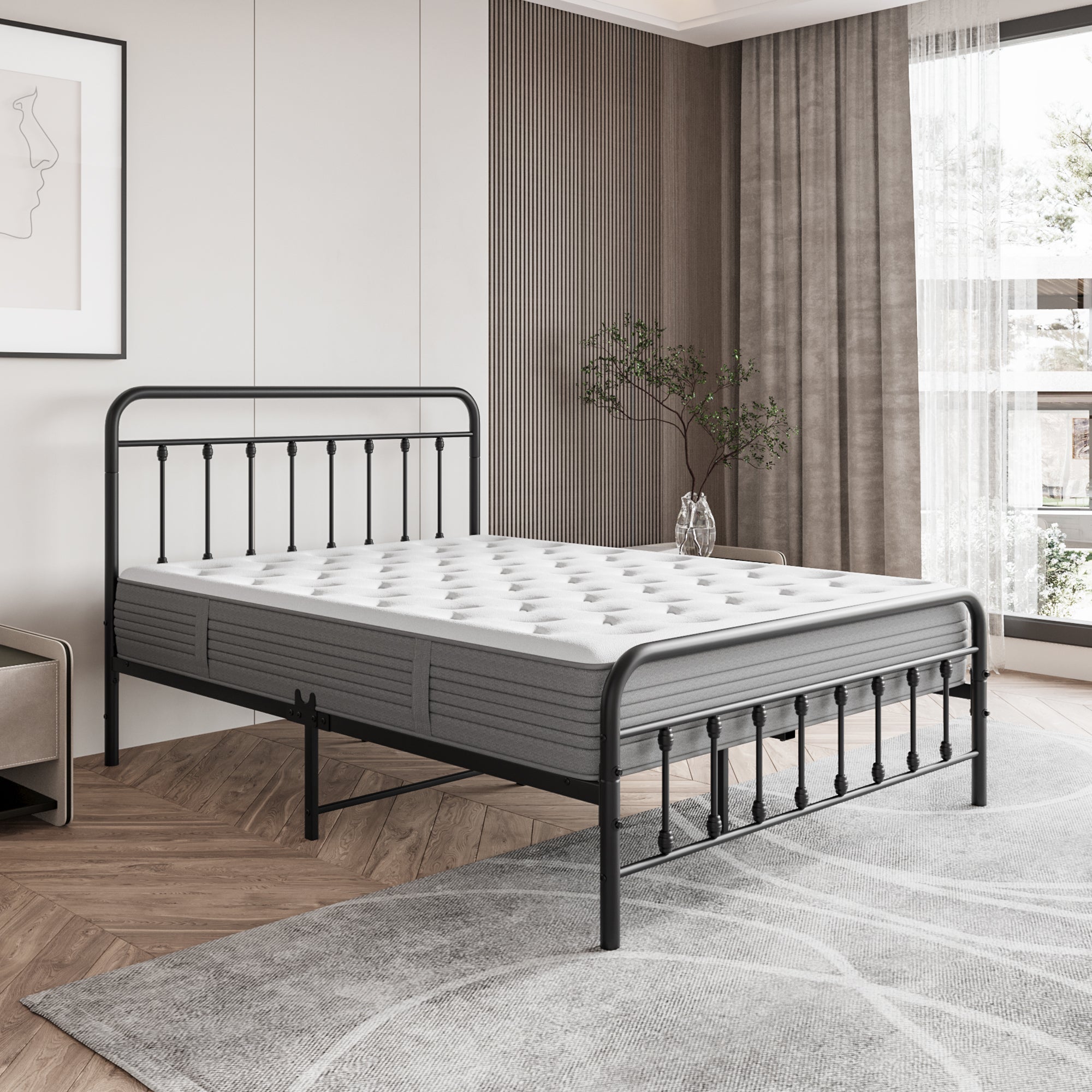 Metal Platform Bed Frame, Victorian Style Headboard/Footboard/Under - Bed Storage (W84034826) - Direct Wicker