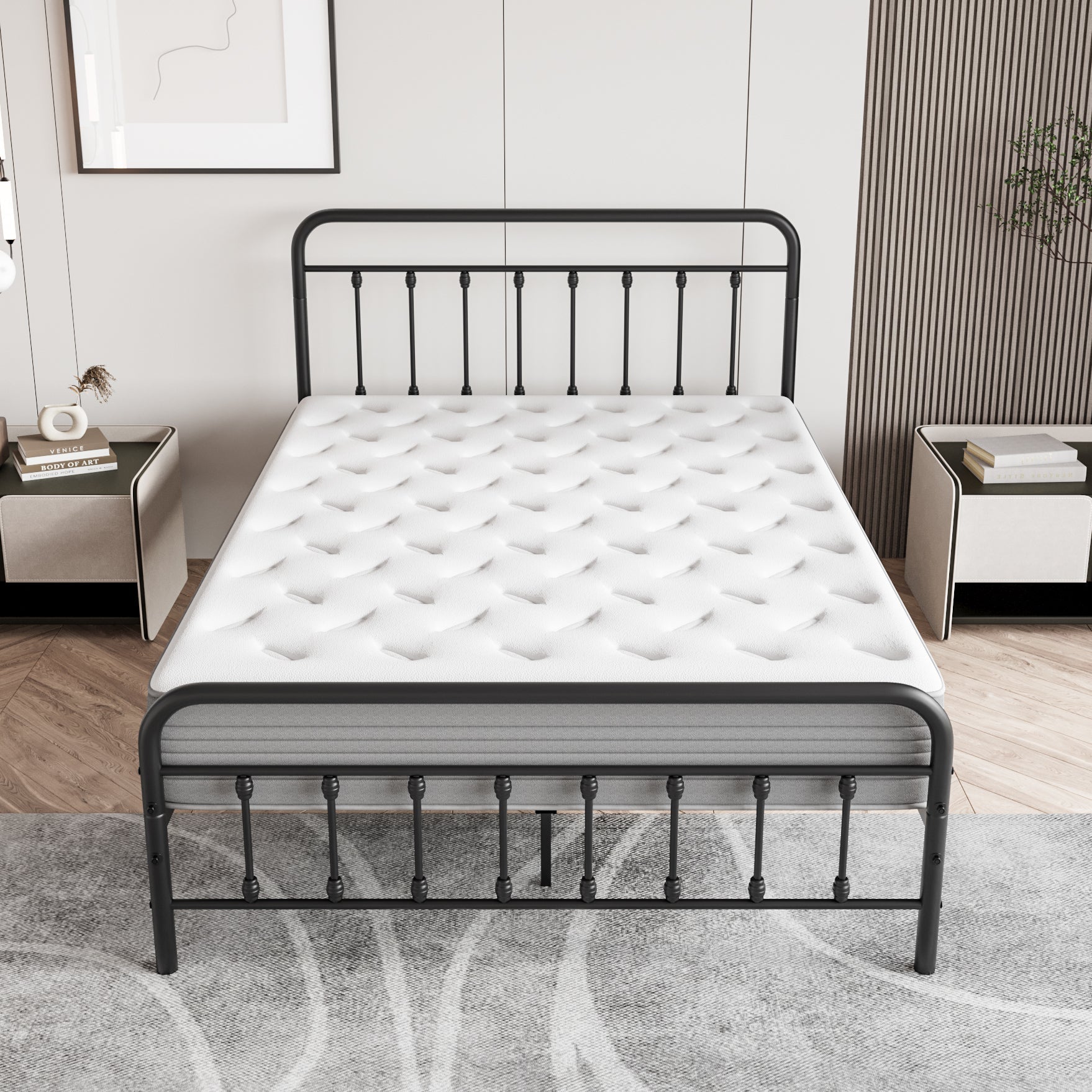 Metal Platform Bed Frame, Victorian Style Headboard/Footboard/Under - Bed Storage (W84034826) - Direct Wicker