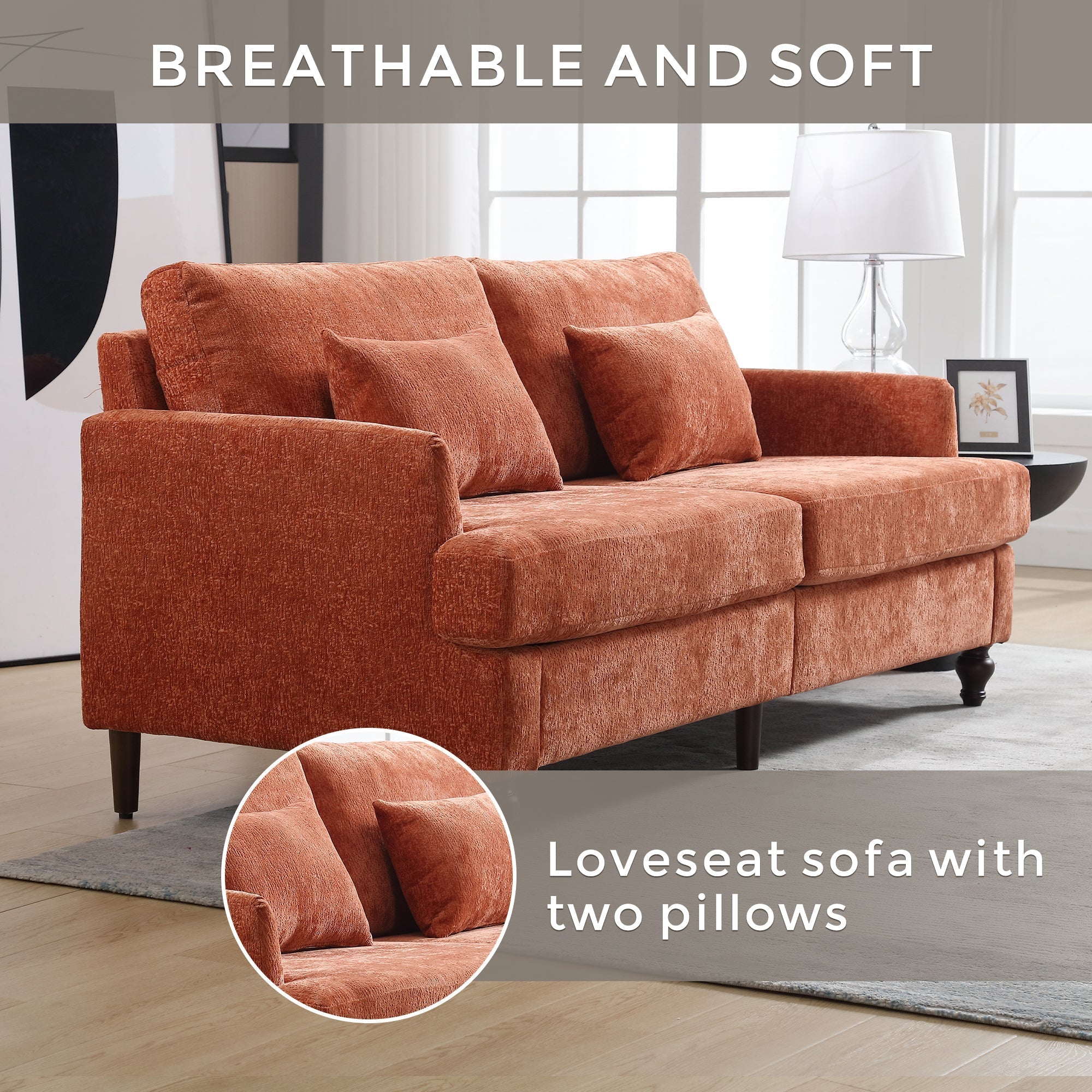 Mid Century Modern Chenille Fabric Loveseat Sofa with Brown Wood Feet (W395P151899) - Direct Wicker