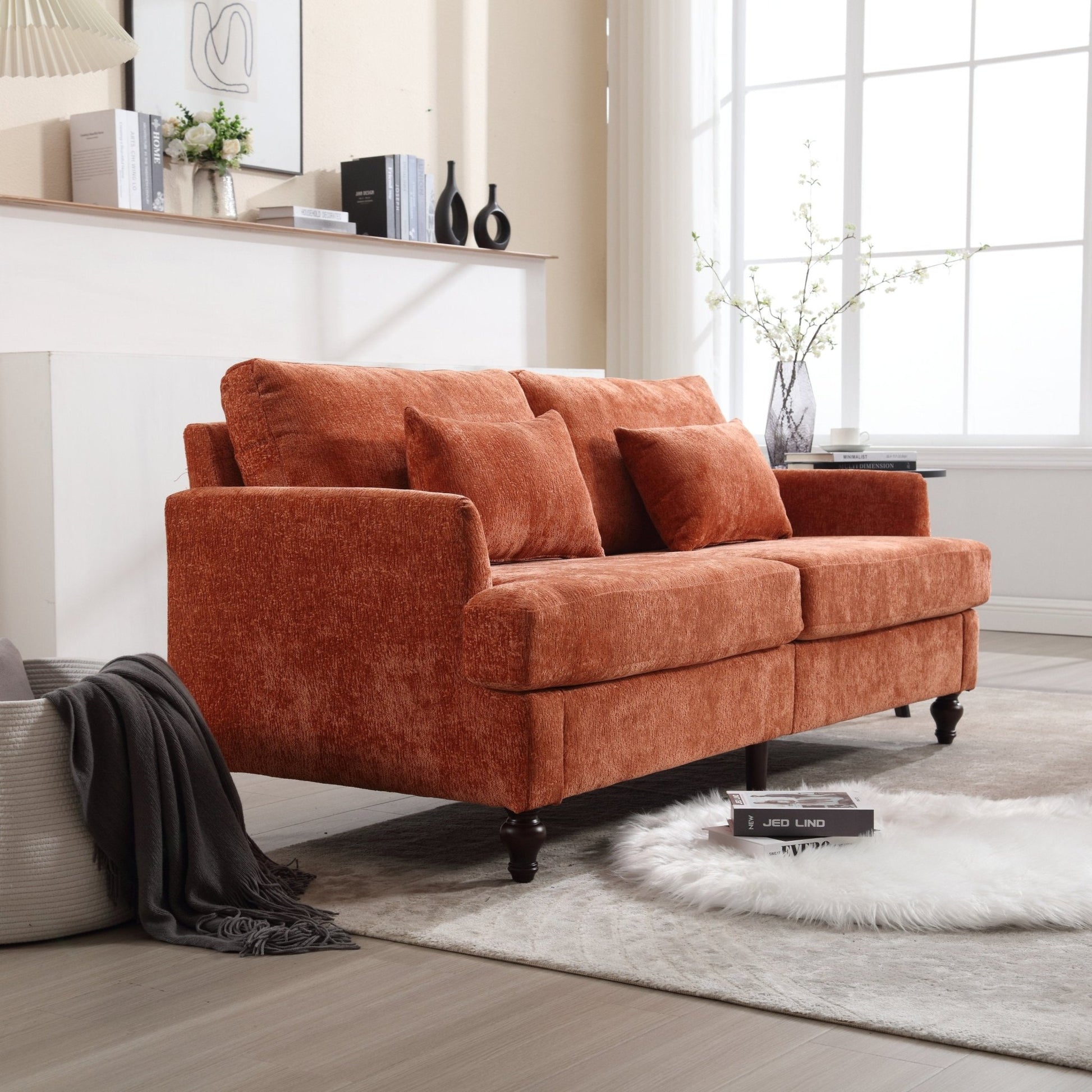 Mid Century Modern Chenille Fabric Loveseat Sofa with Brown Wood Feet (W395P151899) - Direct Wicker