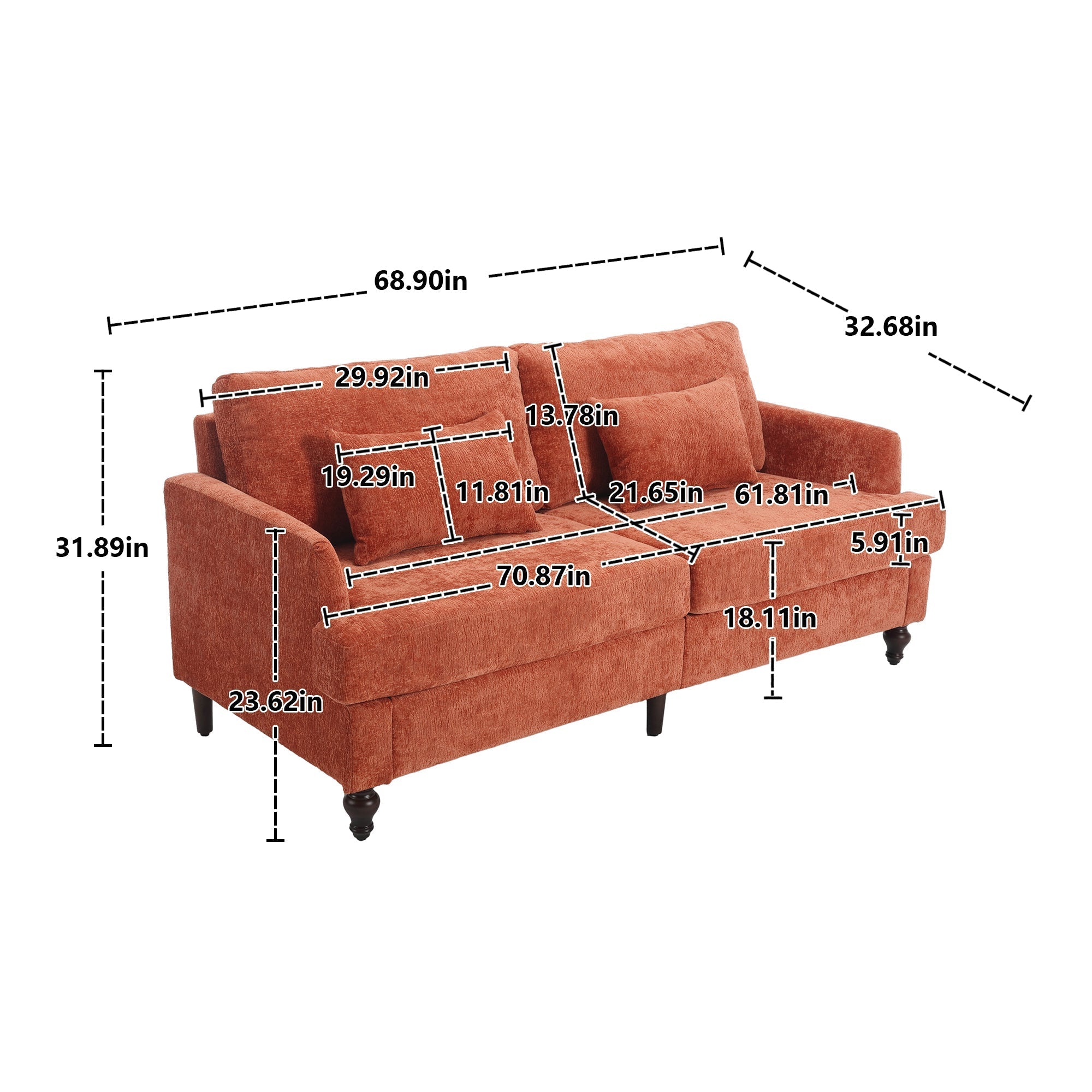 Mid Century Modern Chenille Fabric Loveseat Sofa with Brown Wood Feet (W395P151899) - Direct Wicker