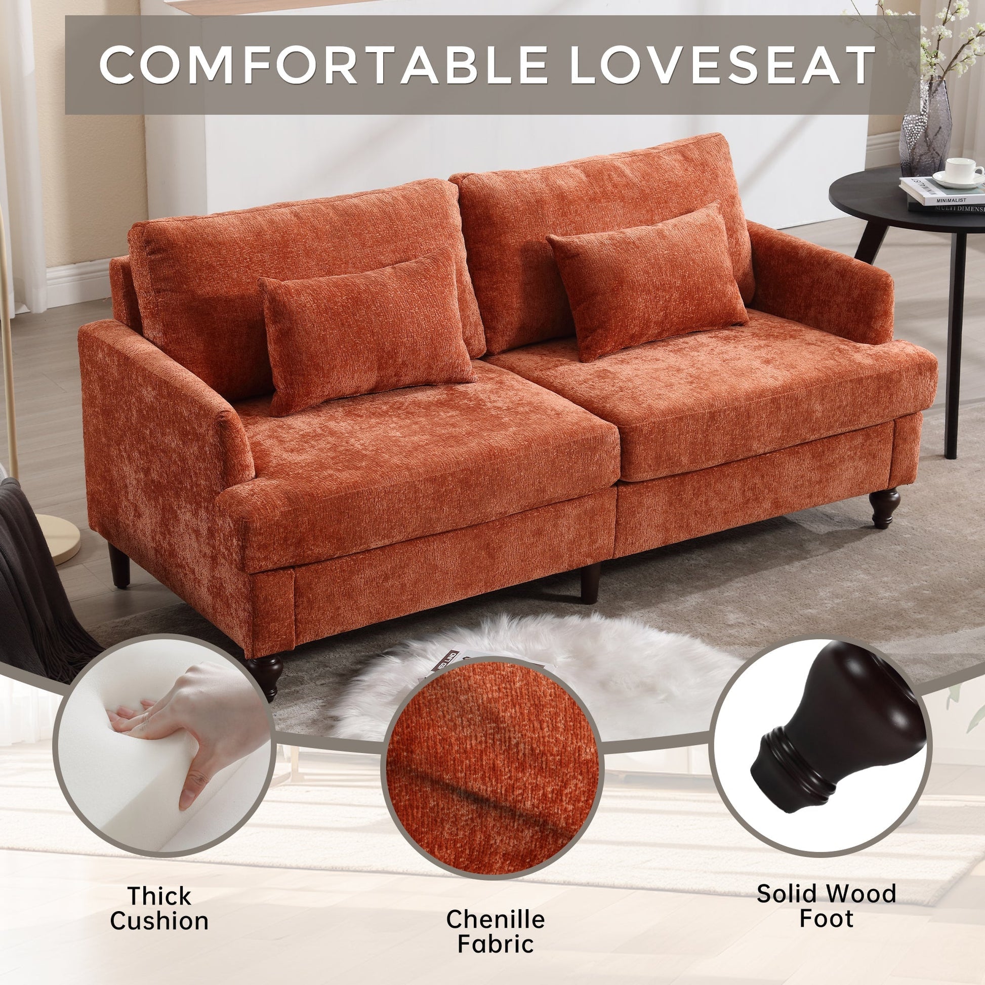 Mid Century Modern Chenille Fabric Loveseat Sofa with Brown Wood Feet (W395P151899) - Direct Wicker