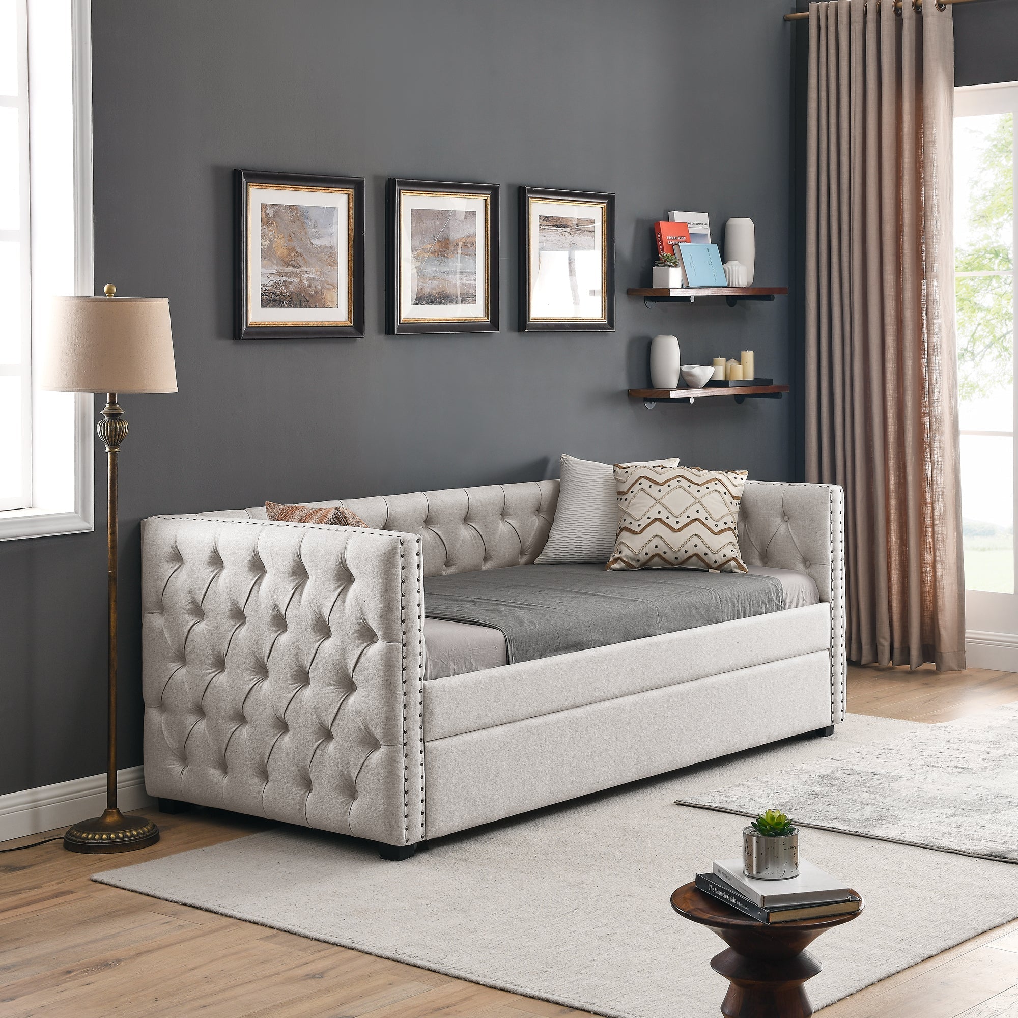 Mid - Century Upholstered Tufted Daybed with Trundle (W487S00104) - Direct Wicker