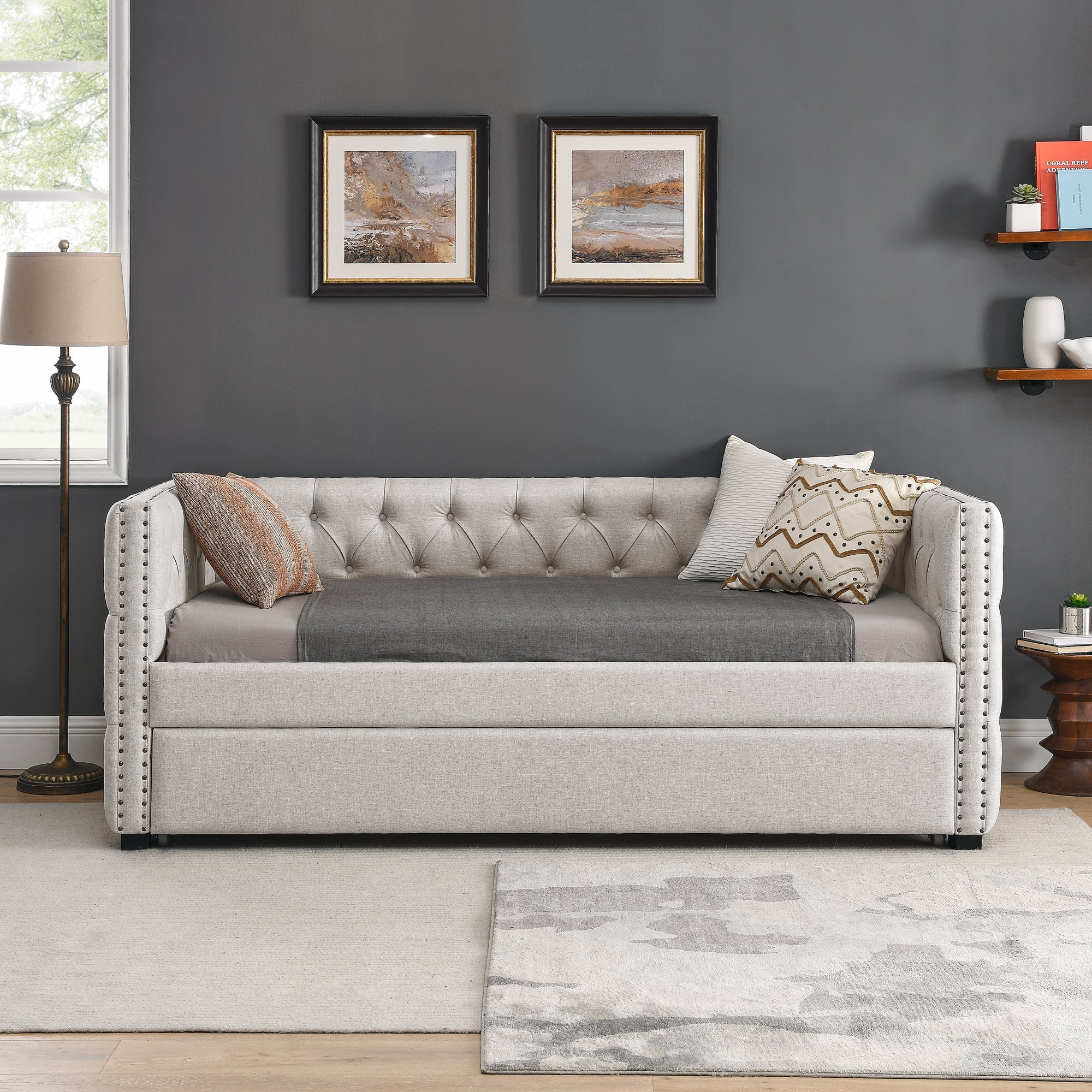 Mid - Century Upholstered Tufted Daybed with Trundle (W487S00104) - Direct Wicker