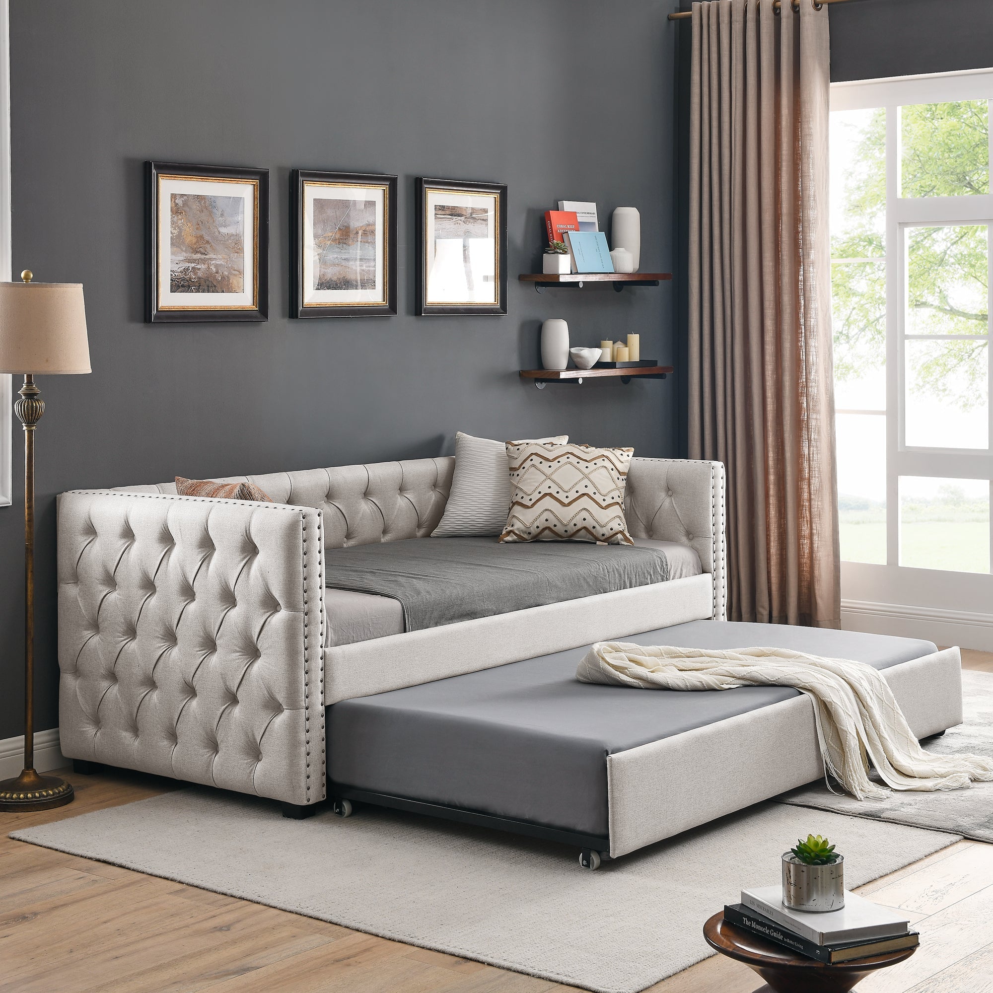 Mid - Century Upholstered Tufted Daybed with Trundle (W487S00104) - Direct Wicker
