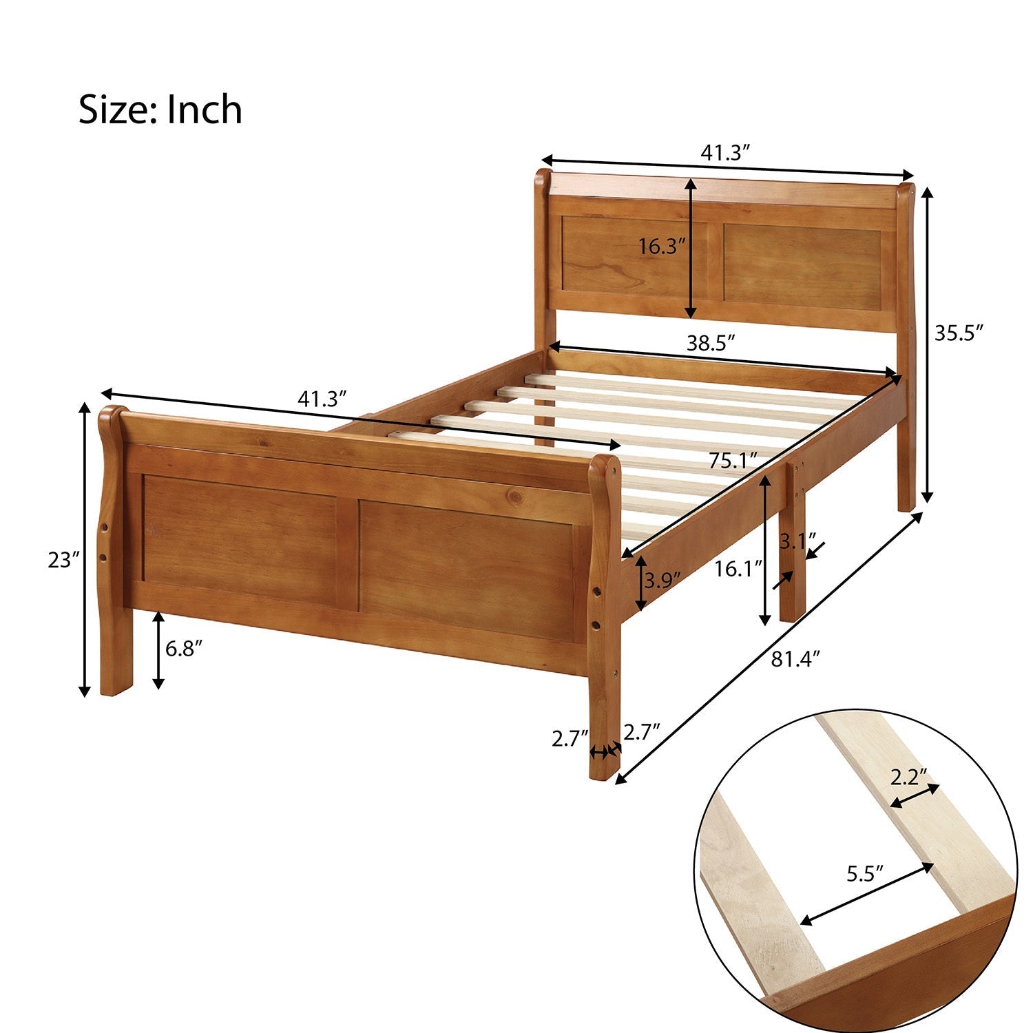 Minimalist Wood Platform Twin Bed Frame with Sleigh Headboard (WF192439AAL) - Direct Wicker