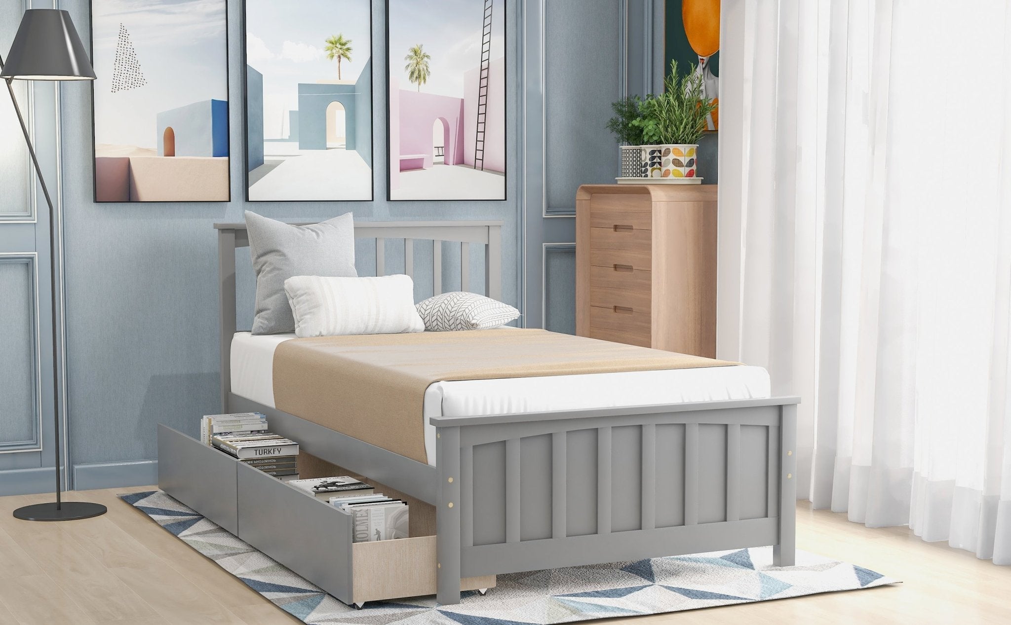 Minimalistic Solid Wood Twin Size Platform Bed with Two Drawers (WF195105AAE) - Direct Wicker