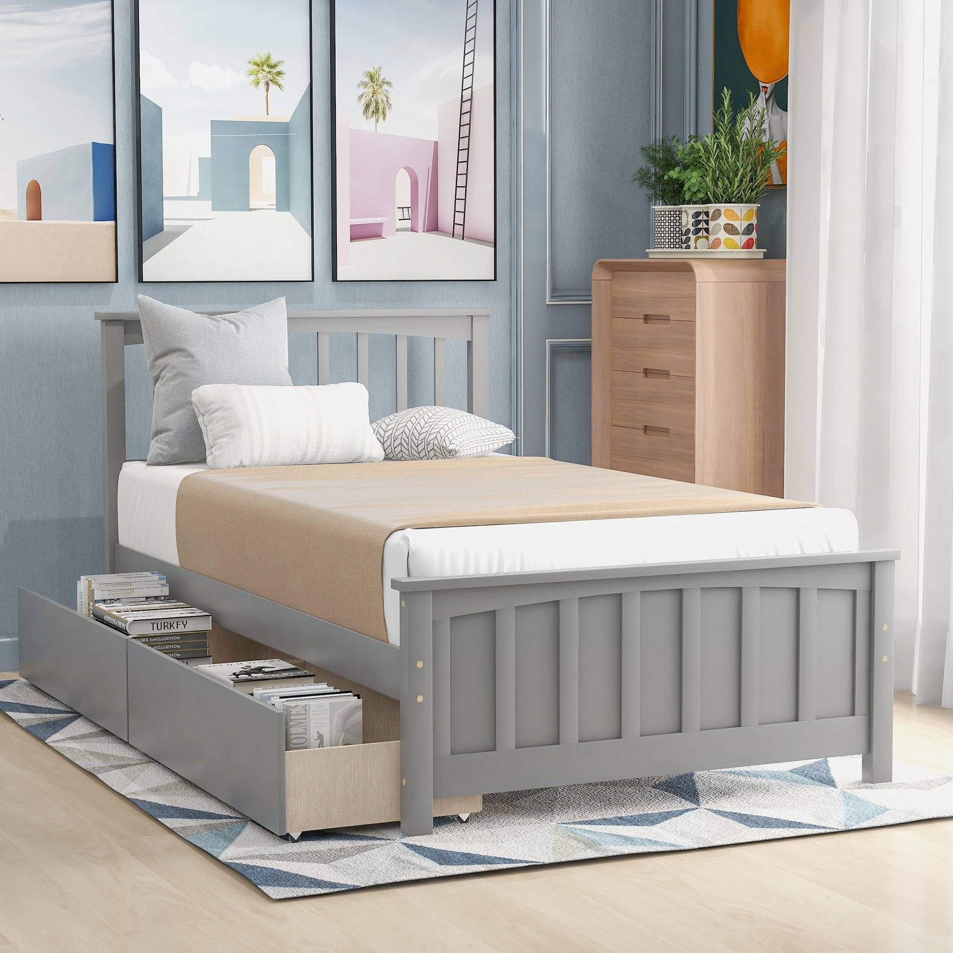 Minimalistic Solid Wood Twin Size Platform Bed with Two Drawers (WF195105AAE) - Direct Wicker