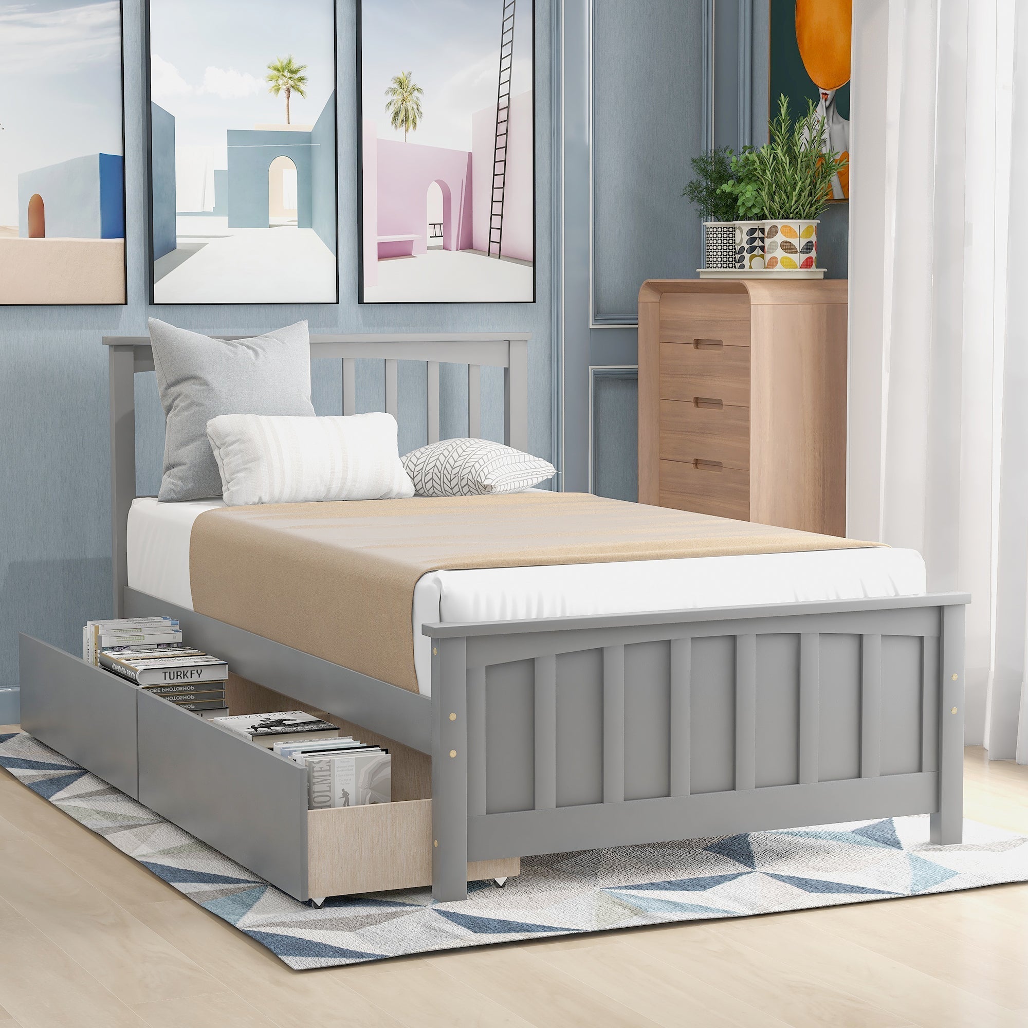 Minimalistic Solid Wood Twin Size Platform Bed with Two Drawers (WF195105AAE) - Direct Wicker